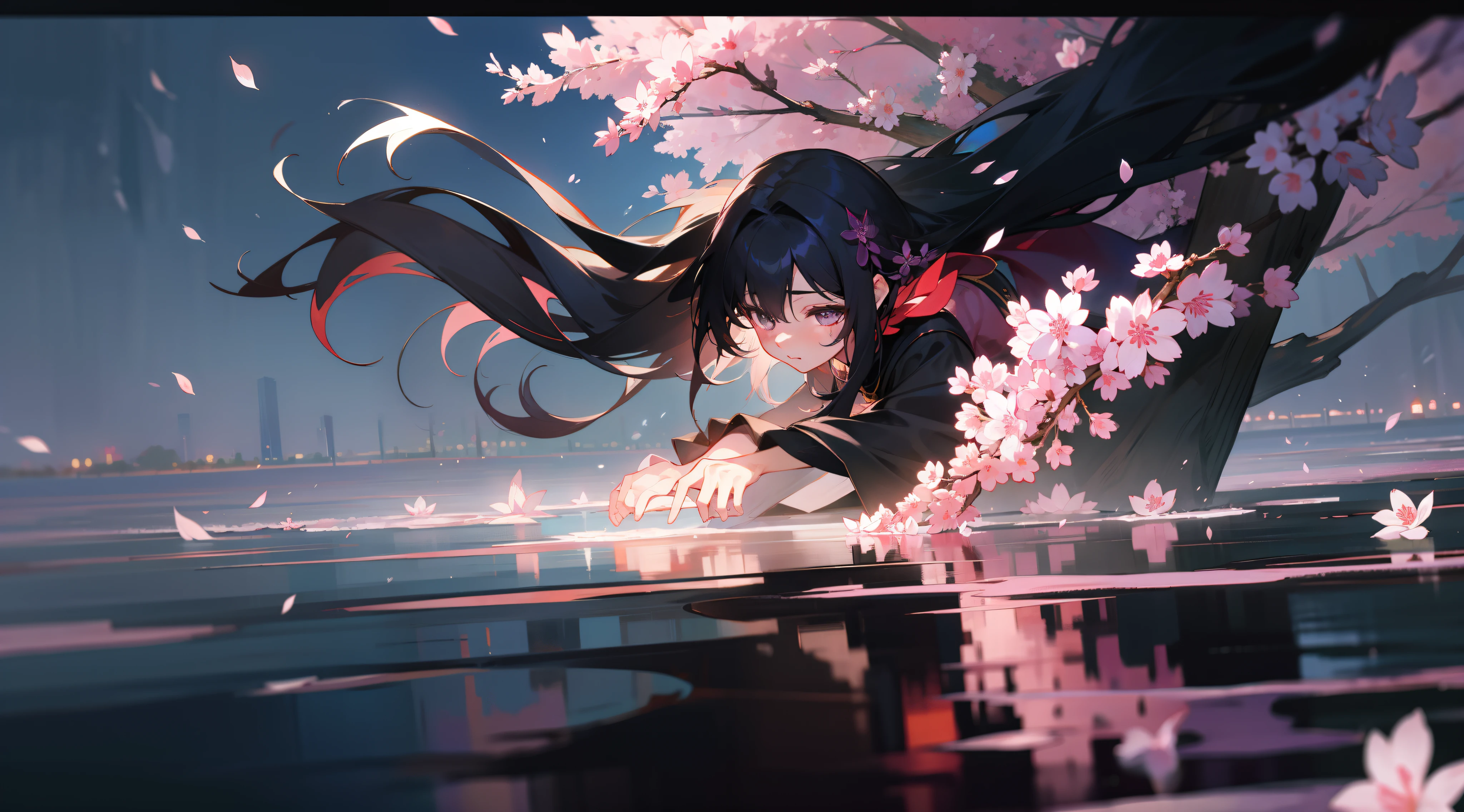 and the wind,Gorgeous erosion,花魁,Long black hair,sakura flowers falling,Night scene,water glow
