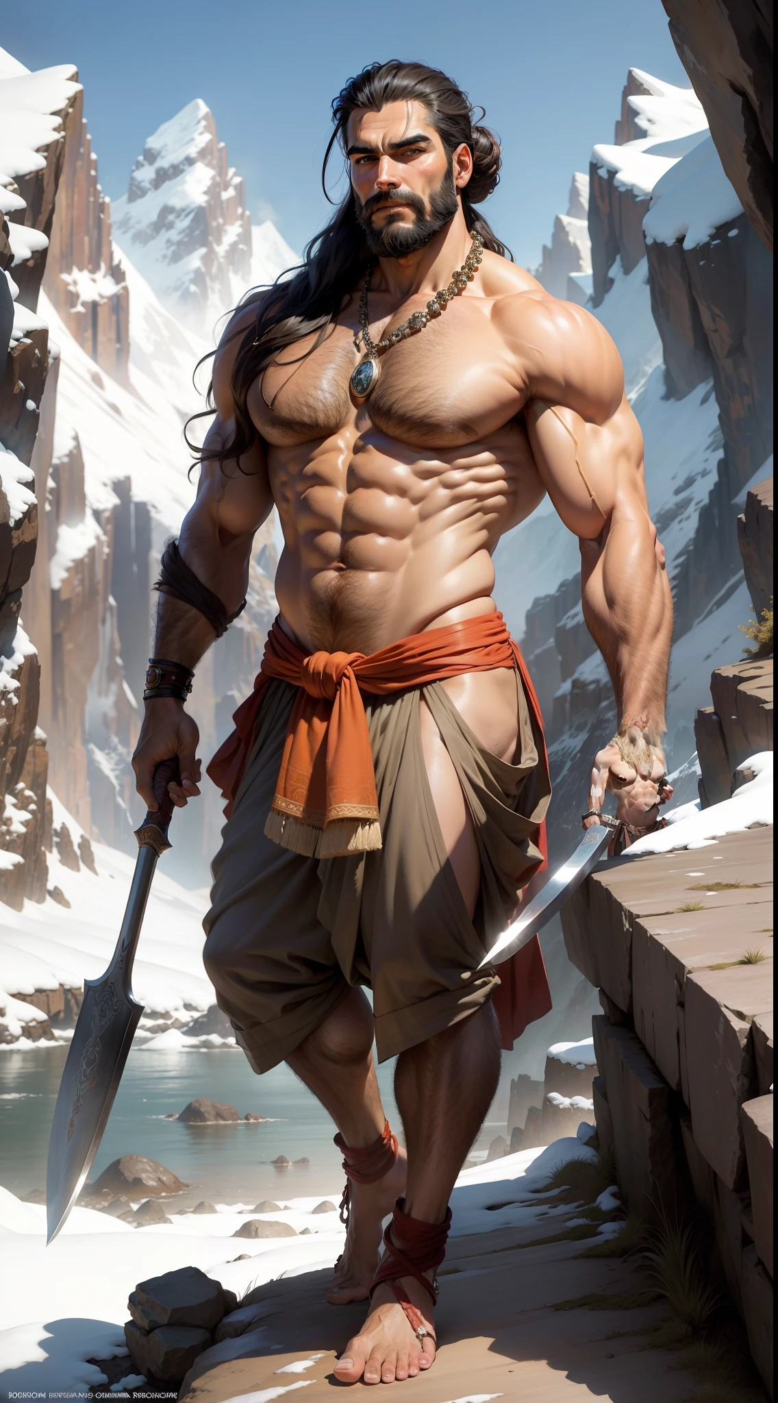 A handsome man, a yogi, long sharp nose, holding a huge axe in his hands, eyes on his axe, long hair tied in a bun, long black beard, shirtless, tall, robust, a thick neckless of beads around the neck, a thick thread janeu on his torso, standing in the mountains , wearing a dhoti made of tigerskin, standing on a rock, snowcapped mountains on the background, photorealistic, detailed, art form by Louis Royo, Boris Vallejo, Frank Frazetta
