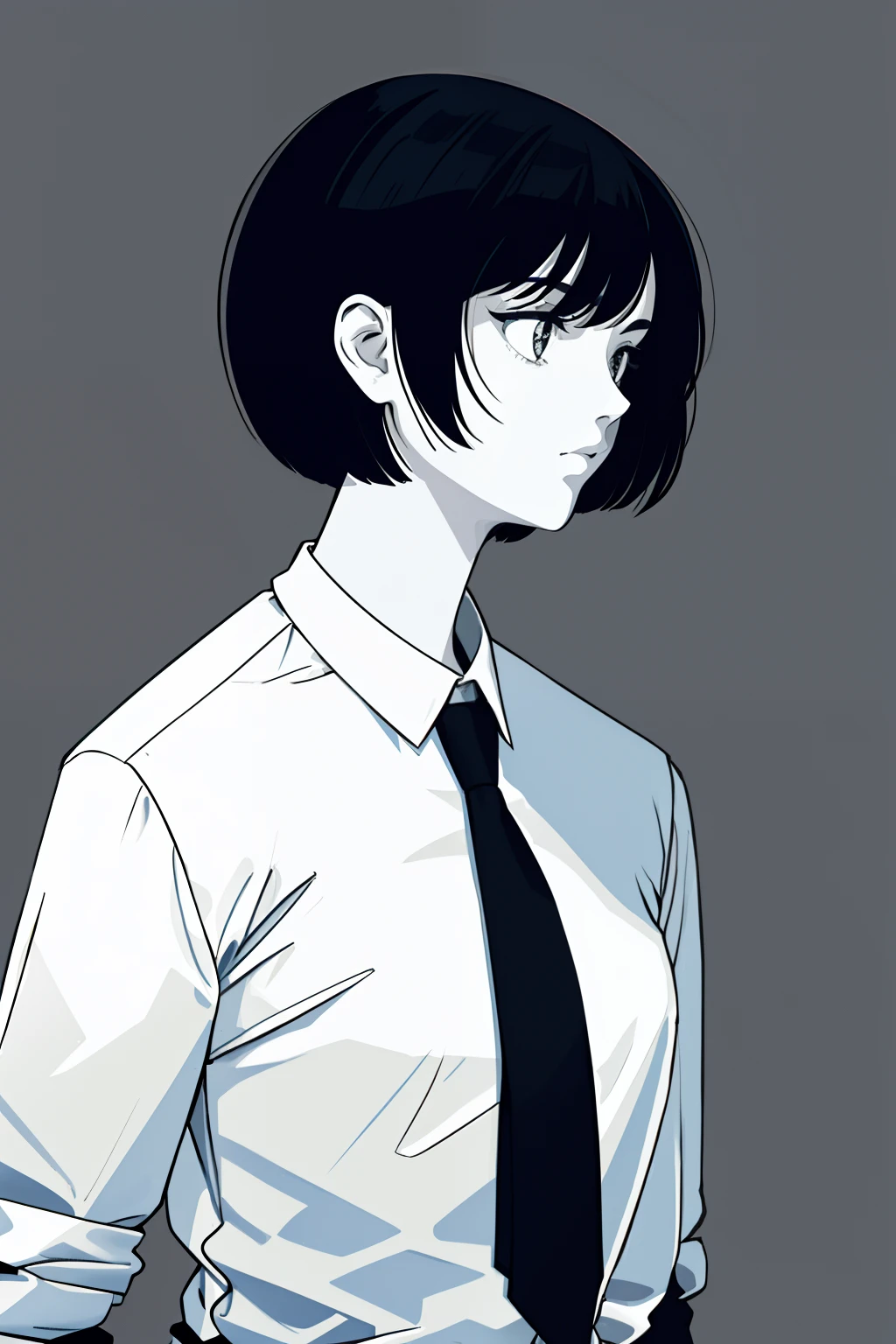 a 1girl, body complet, very detail, a lot of details, very extremely beautiful,  ((tmasterpiece, minimalism)), (Short Hair Hair), tie, Shirt, Dark colors, looks into the distance