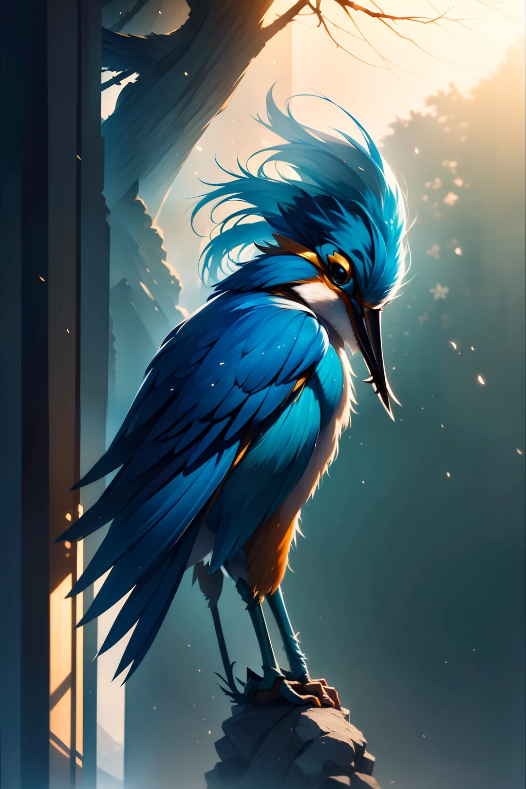 Kingfisher stands gracefully on a branch, Strong morning light diffuses through the mist，Slowly rise, Highlight its complex feathers in dramatic side lighting