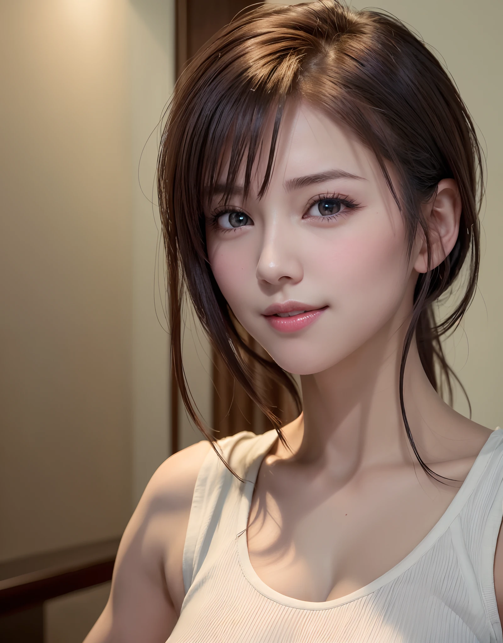 Top quality, ultra high resolution, (photorealistic: 1.4), beautiful eyes, super beautiful, short hair, beautiful breasts, lover, t-shirt with rough chest, eyes inviting viewer, lover's eyes, inviting facial expressions, sexy smile, perfect style, perfect balance, detailed skin, naughty eyes, chest visible