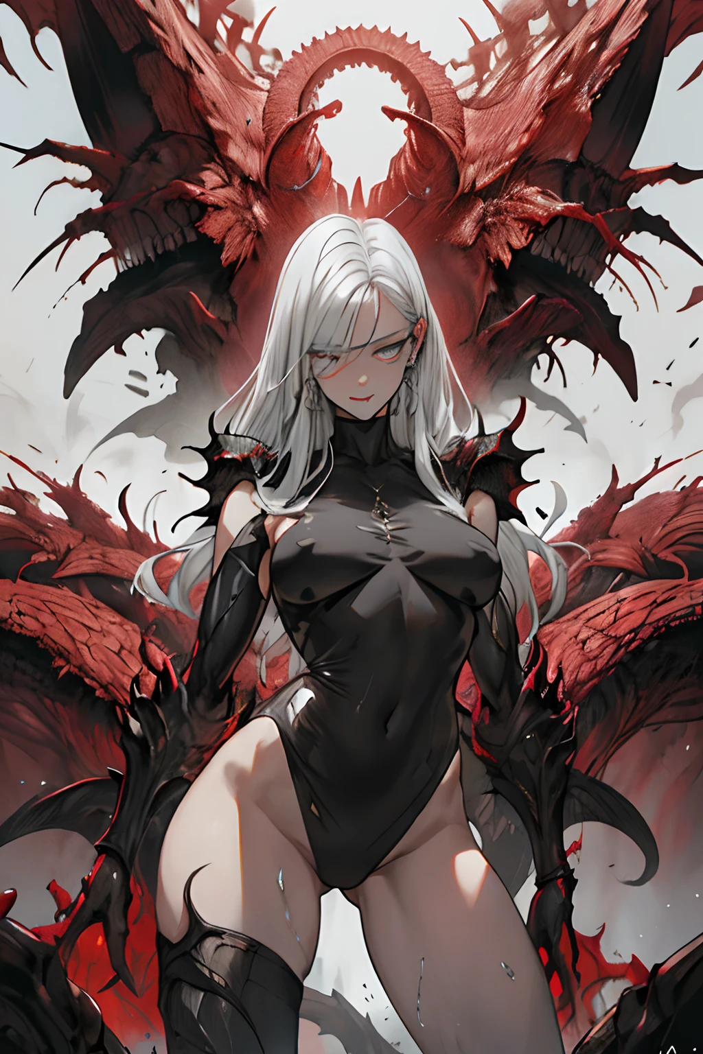 (obra-prima, melhor qualidade), 1lady, solo, (escamas brancas, corpo escamoso), halo, asas, FALLEN ANGEL, cabelo preto, ondas soltas, mamilos nipples, molhada wet, boca aberta, tongue stickout, corada flushed, olhos vermelhos, (Dragoned, arte de hermann nitsch, zdzislaw beksinski, dariusz zawadzki, giger), seios grandes, nu