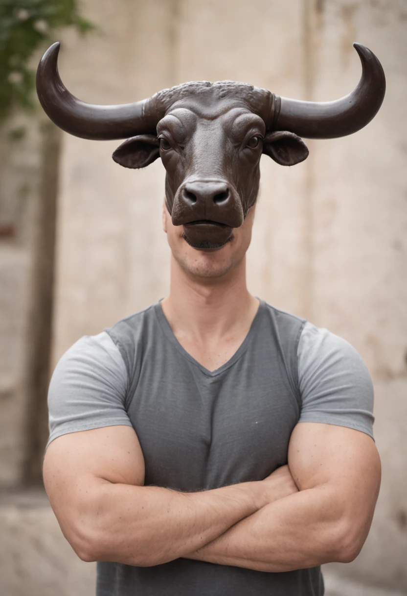 a man who has a bull's head in place of the human head, encarando a camera, arms crossed, mal humorado