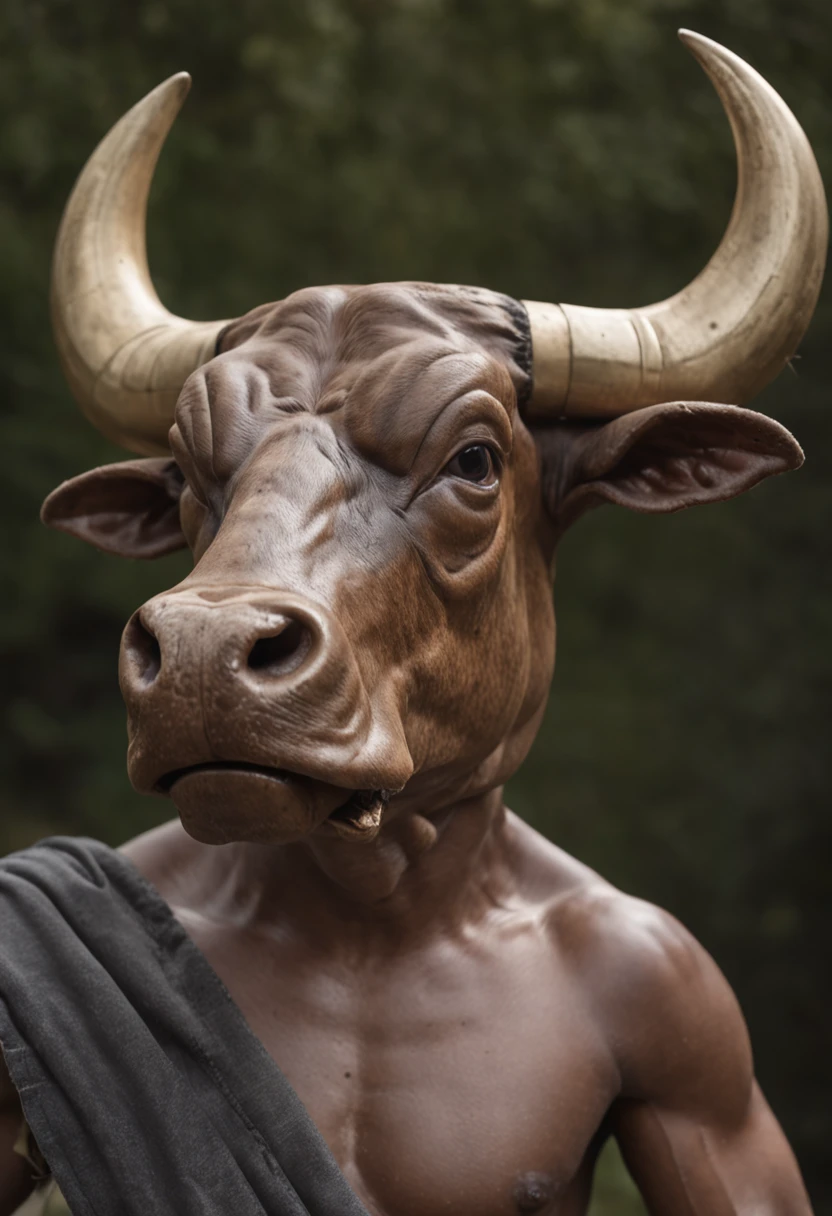 a man who has a bull's head in place of the human head, encarando a camera, arms crossed, mal humorado