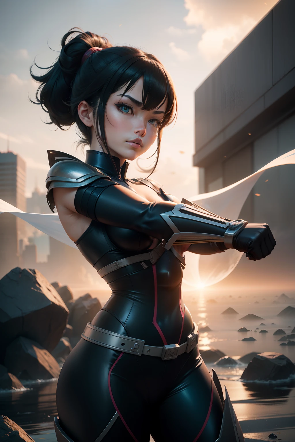 Render a dynamic illustration capturing Nya from Ninjago anime as she stands confidently in a martial arts pose, her blue ninja gi billowing in the wind. Surround her with a faint mist that adds an air of mystery to the scene. Illuminate the setting with the warm hues of sunset, casting long shadows behind her. Use a 3D modeling approach to emphasize her sleek, futuristic design. The intricate details on her armor and the reflections on her goggles should be visible, showcasing her advanced tech. Apply a cel-shading technique to achieve that classic anime look, and use a depth of field effect to make Nya the focal point, with blurred elements hinting at the action-packed backdrop. The composition should evoke her strength and determination, ready to take on any challenge.