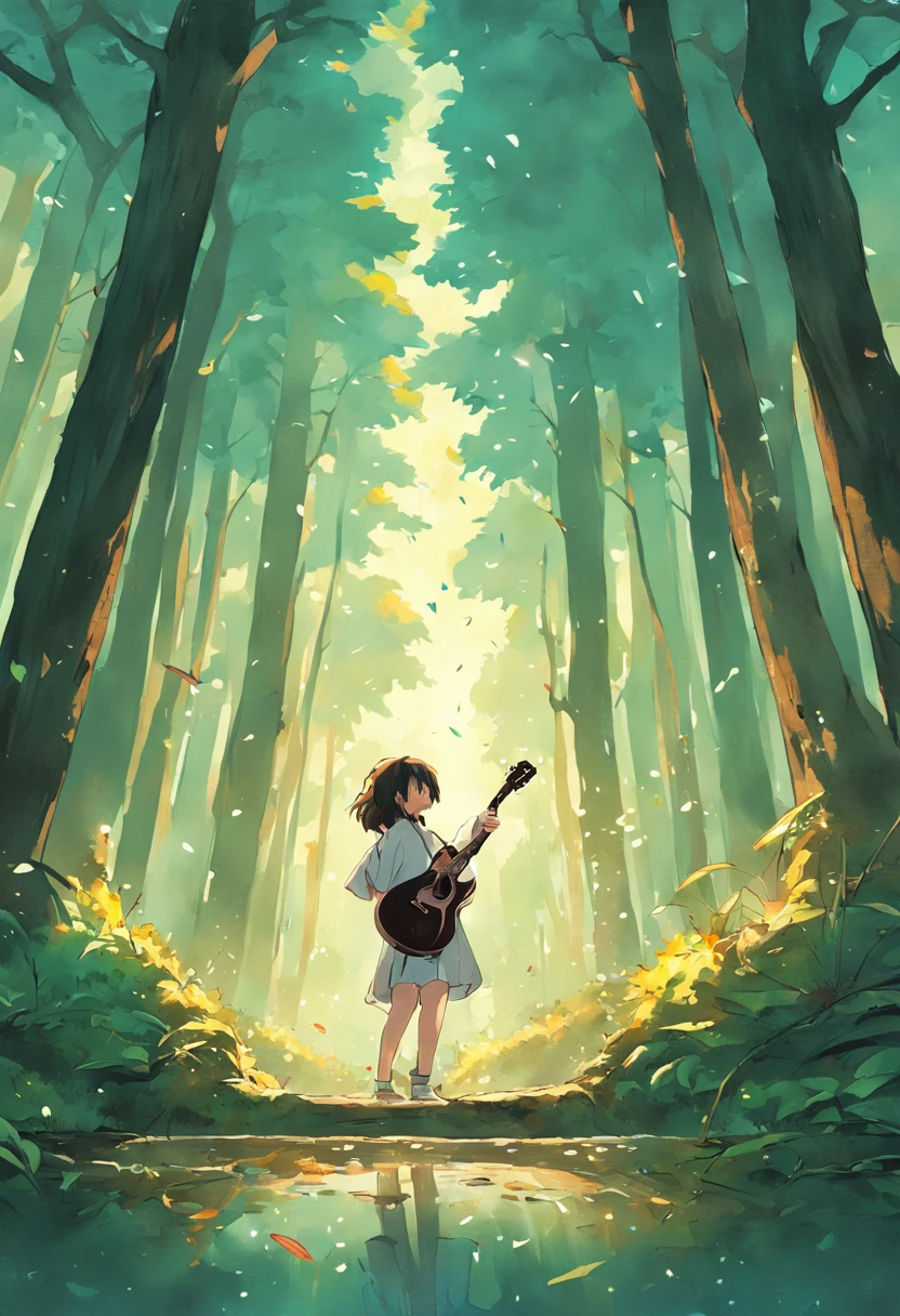 havia um guaxinin, feliz na foresta, tocando guitarra, pintura SNES