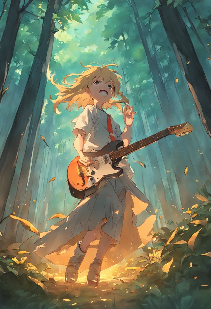 havia um guaxinin, feliz na foresta, tocando guitarra, pintura SNES