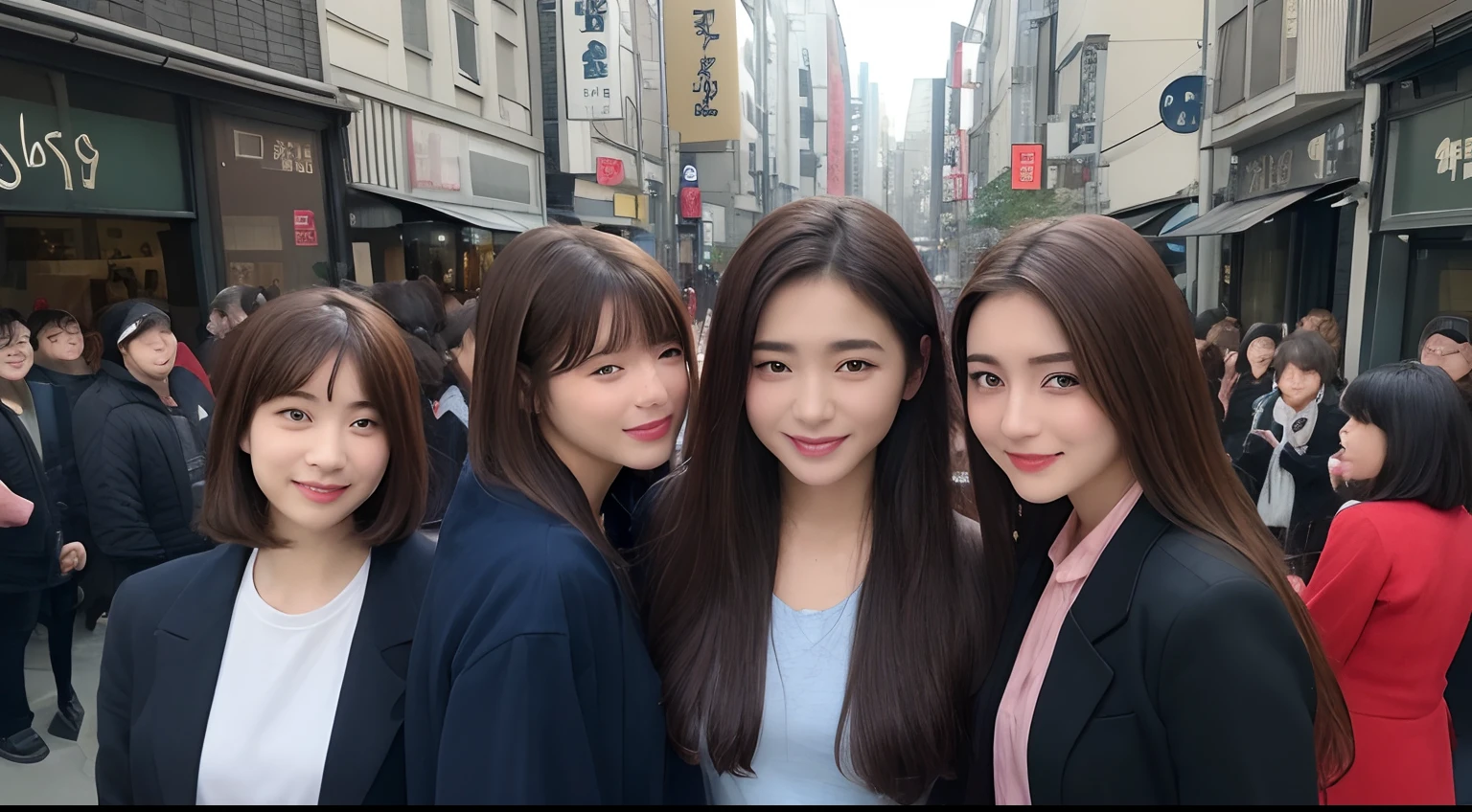 ((top-quality、8K、masterpiece:1.3))、(1girl in)、A smile、full body Esbian,Slim Faces、Pretty women、(dark brown hair)、Full-length dresses:1.1、hyperdetailed face、A detailed eye、二重まぶた、blured background、Slim Faces、城市、takeout、a street、japanes