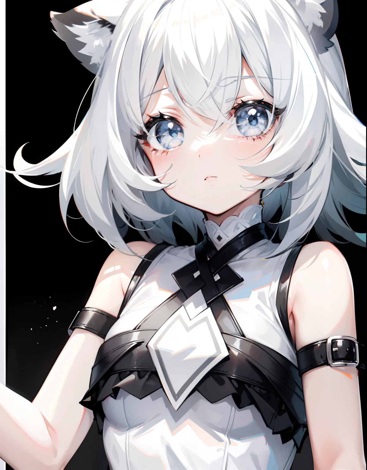 Short black and white hair,The cute girl looks like a milky girl,white clothes,Cute,Black and white tiger ears