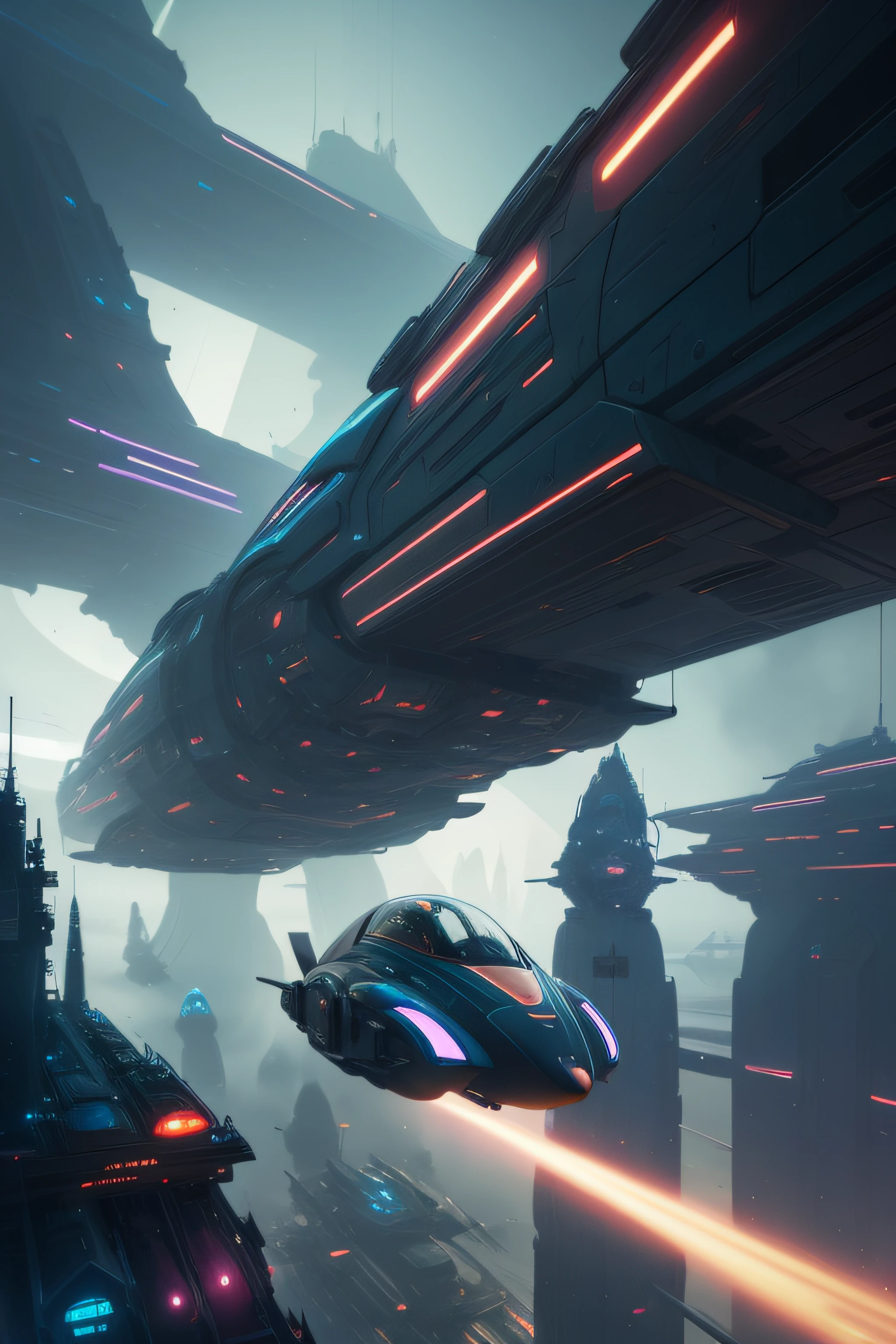 futuristic city with a futuristic flying vehicle in the middle of it, bastien grivet, jessica rossier fantasy art, in fantasy sci - fi city, sci-fi digital painting, arstation and beeple highly, 3 d render beeple, sci fi digital painting, vista of futuristic city, syd mead and raphael lacoste, sci - fi city