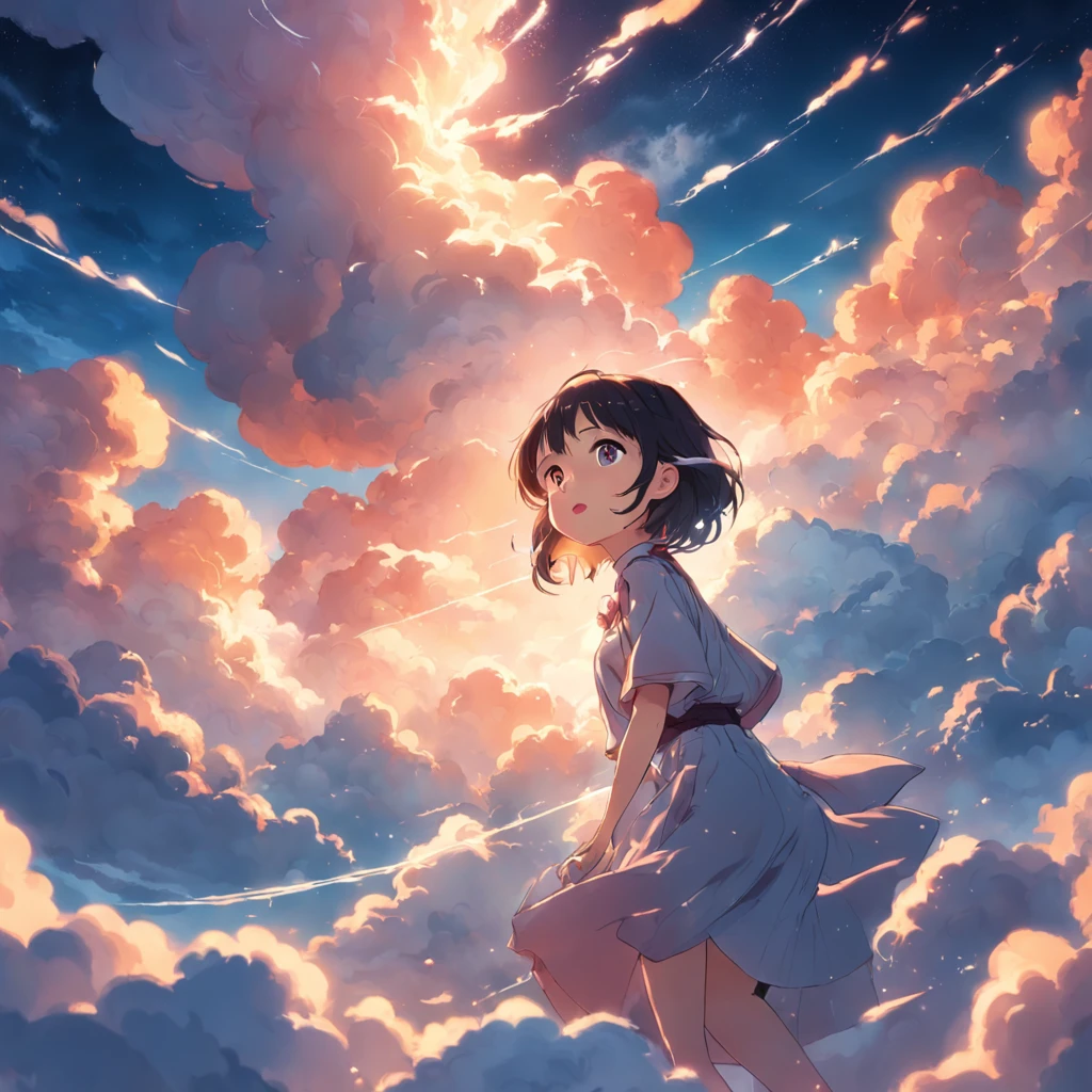masterpiece, best quality, movie still, 1girl, cloud girl, floating in the sky, close-up, bright, happy, warm soft lighting, sunset, (sparks:0.7)
