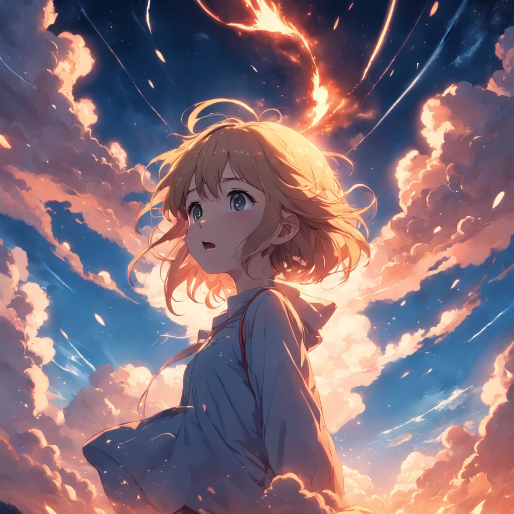 masterpiece, best quality, movie still, 1girl, cloud girl, floating in the sky, close-up, bright, happy, warm soft lighting, sunset, (sparks:0.7)