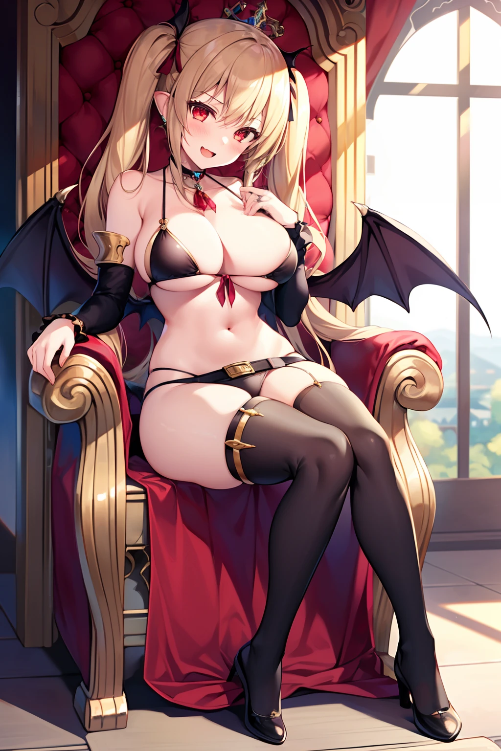 1girl in, Solo, Perfect body, Best Quality, Cute Girl, Tsundere:1.1, Vampire attire, Vampire Princess:1.2, Devil's Bra, Bikini pants, very large breast, a blond, Long twintails, Black Ribbon Hair Fastening, Tsuriformes, sharp eye, Sanpaku eyes, High pressure expression, Open mouth, Condescending look, Mouth smiling, queen, Noble atmosphere, Fine-grained skin, (Choker with heart jewels:1.1), View of the valley, Navel Ejection, Raw feet, a belt on the thighhigh, (Bat Wings:1.5), Bright red eyes, Shining eyes, (NSFW:0.8), 8K, a belt on the thighhigh, Skinny Legs, (Sitting on a throne:1.5), (Leaning on the back of a chair:1.2), Inside the luxurious castle, full body seen,