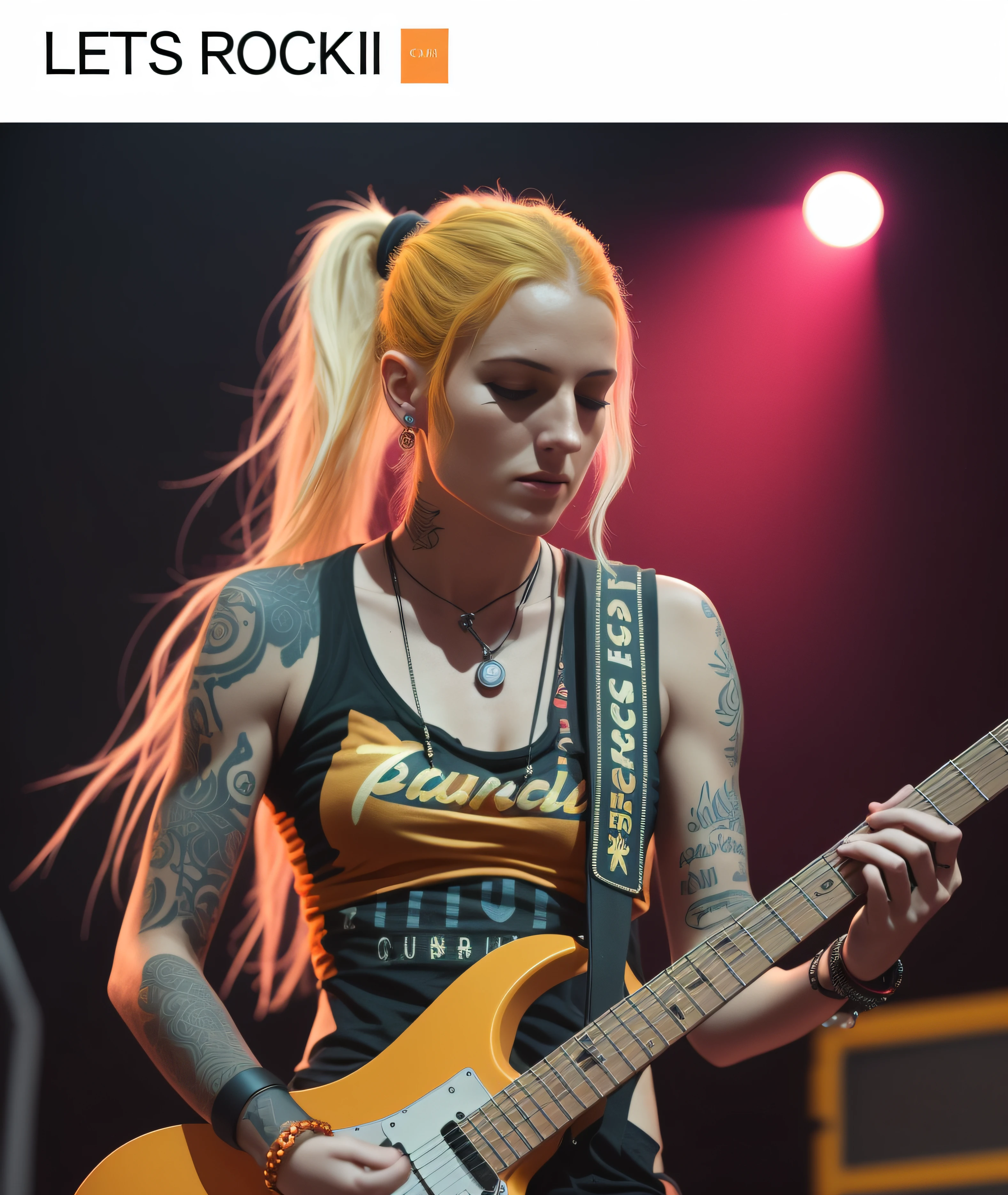 woman with orange TSHIRT and sun tattoo on the arm playing a purple guitar on stage, lindsay adler, corinne day, rocking out, playing guitar onstage, ryan kiera armstrong, taken in 2 0 2 0, karolina cummings, guitarist, angie glocka, diesel punk female, taken in 2022, dreamy rock girl, arian mark, loreta lux, rectangle