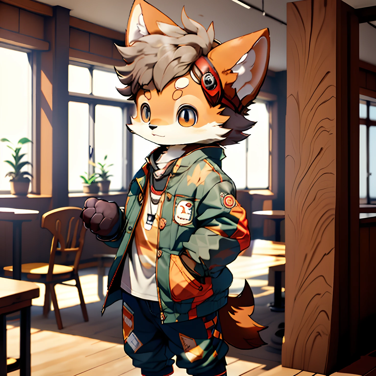 Fox Boy，a plush，inside in room，coffeehouse，Stand up
