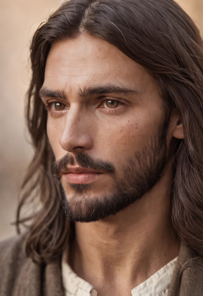 "Jesus, rosto, olhos detalhados, masculino, expressivo, perfil, carismatic, meio corpo."