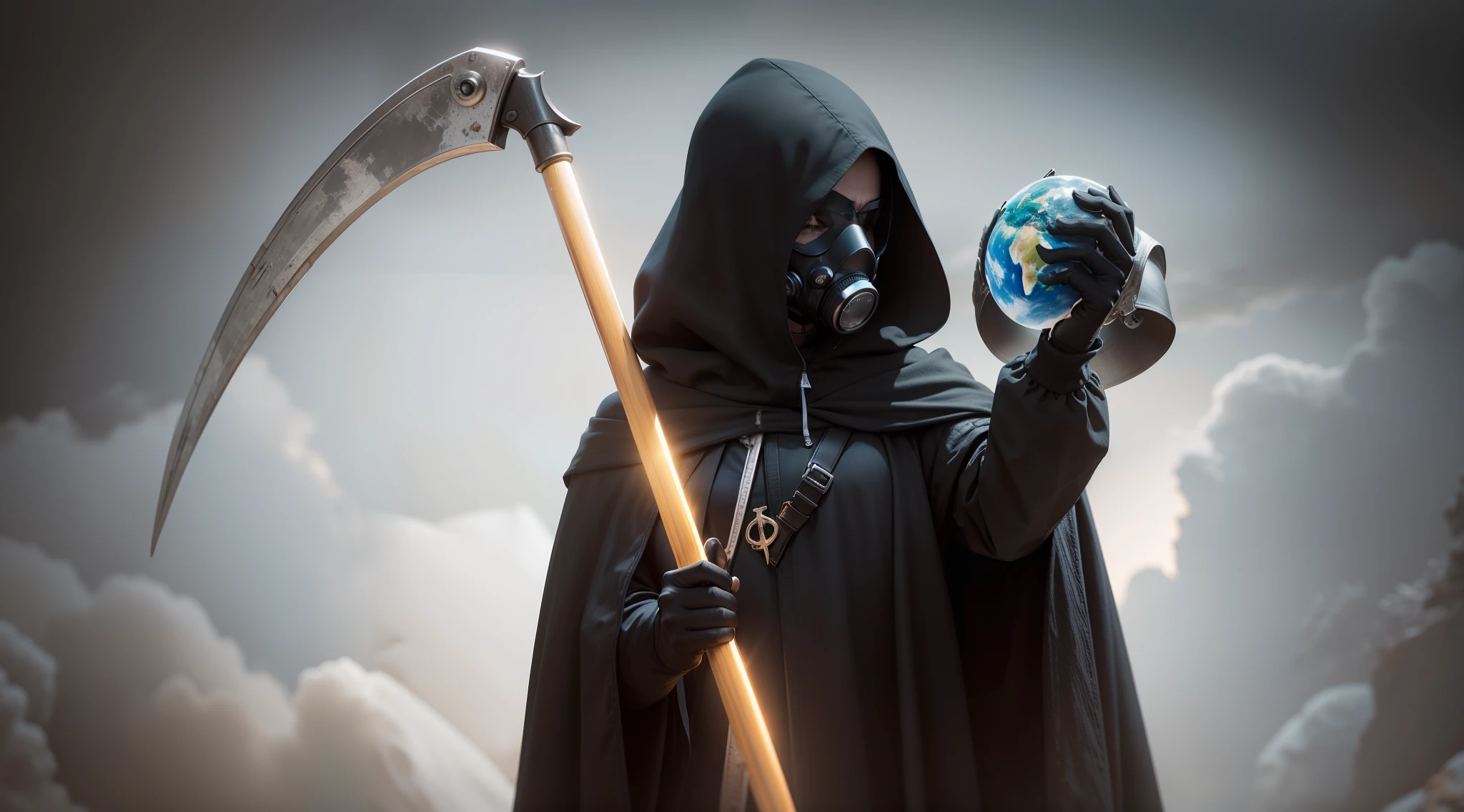 Figura sombria representando a Morte, wearing a dark hood and a gas mask, em um ambiente envolto em trevas. on his left hand, She holds a sharp scythe and in her right hand, um planeta Terra grande descolorido rachado, devoid of oxygen. Estilo: hiper-realismo, detalhes altamente precisos, inspired by apocalyptic scenes. Uplighting: luz difusa e suave, com foco na Morte e no planeta. cores: Tons de Preto, cinza e azul desbotado. compositing: 16k high resolution photography, using a Canon EOS 5D Mark IV DSLR camera, EF lento 50mm f/1.8th STM, Resolution 30.4 megapixels, Sensibilidade ISO: 32,000, velocidade do obturador 1/125 segundo. --AR 16:9 --V 5.1 --estilo cru --q 2 --s 750