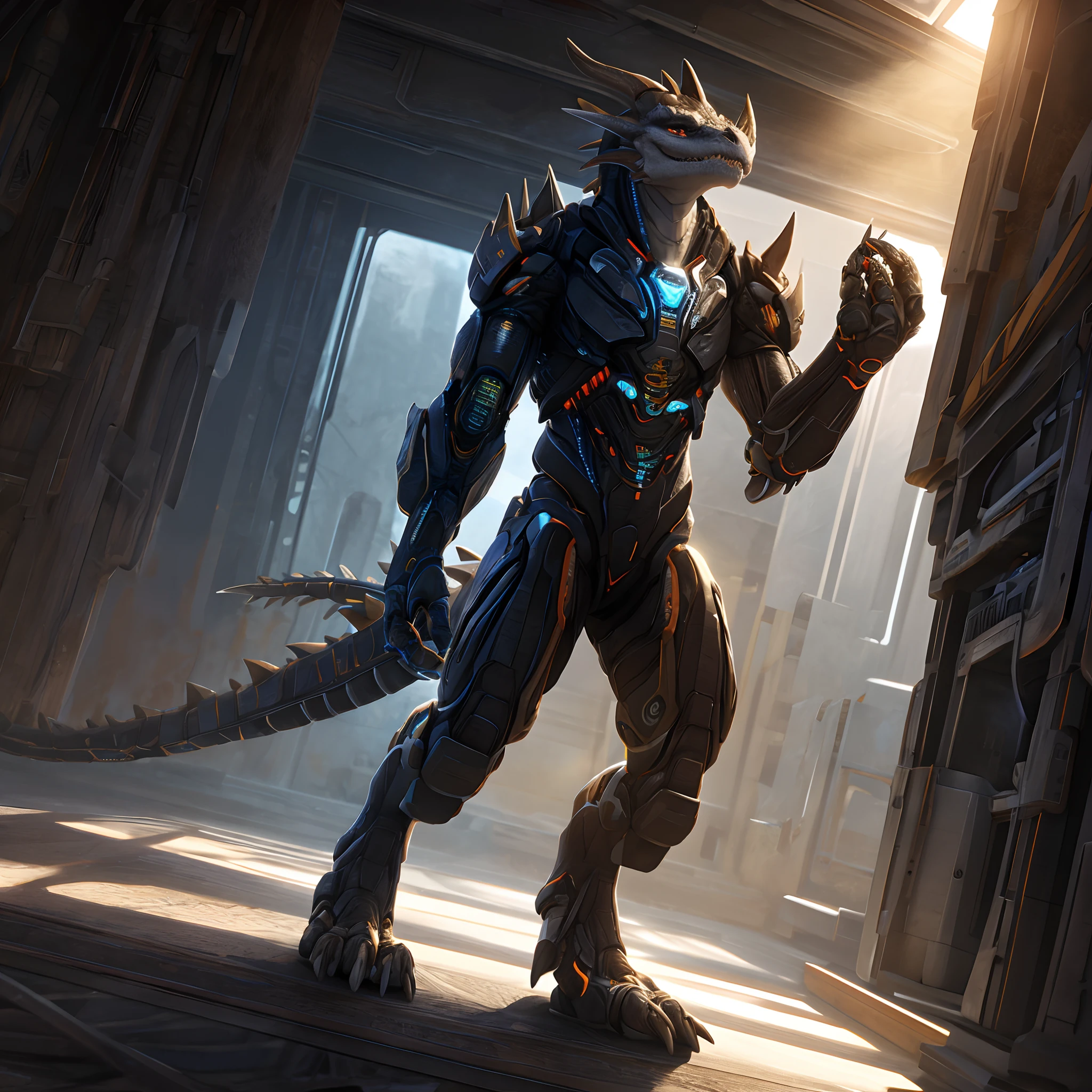 An advanced bionic mech, cybrog, anthro, dragon, female, full body, Delicate face, Delicate eyes, 1 tail, (glowing LED), energy, digitigrade,inside in room, extremely detailed CG unity 8k wallpaper, realistic, masterpiece, highest quality, lens flare, unreal engine, trending on ArtStation, Intricate, High Detail, dramatic, realism, beautiful and detailed lighting, Sandals