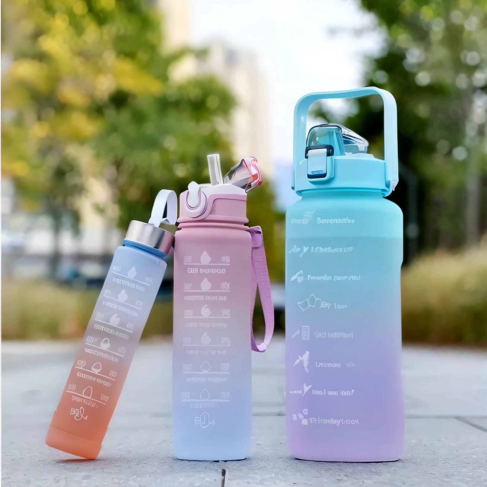 There are two water bottles sitting on the sidewalk next to each other, water bottels, foto do produto, summer morning, product introduction photo, garrafa, multiple colors, cores diferentes, capa de silicone, imagemm oficial do produto, 3 cores, multiple colors, 6 cores, imagem, tamanhos e cores, 4l, water bottle queen, garrafa de vidro, Foto de design de produto, Gravado