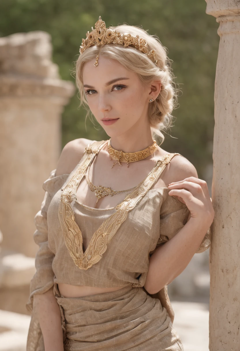 (Best quality, 8k, masterpiece: 1.3), blonde Greek goddesses, Greek clothes, Middle Ages, medium breasts, big hips, slim waist, beautiful, glamorous, alluring, shapely, curvy, long legs, high detail, High sharpness, Photos with depth, detailed face, detailed eyes, short hair, big office, charming smile, standing in the ancient Roman colosseum, epic, myth, drama, neckband jewelry, wristband jewelry, open-breasted blouse