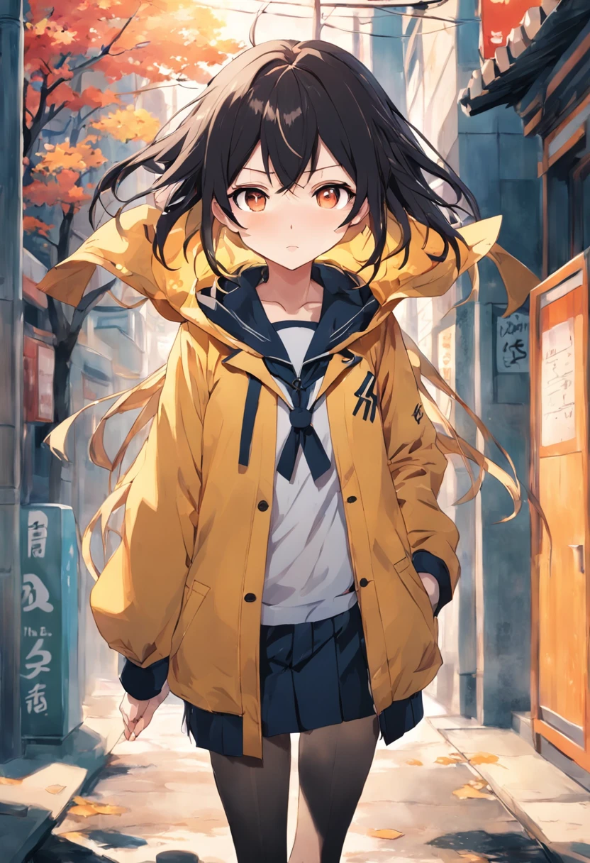 A girl in a yellow coat and black pants holds a piece of paper, anime moe art style, hanayamata, anime visual of a cute girl, intricate anime girl k-on kyoani, anime peripheral, anime best girl, style of anime》, author：Hosomura Kane, iwakura lain, 2 d anime style, the anime girl is running