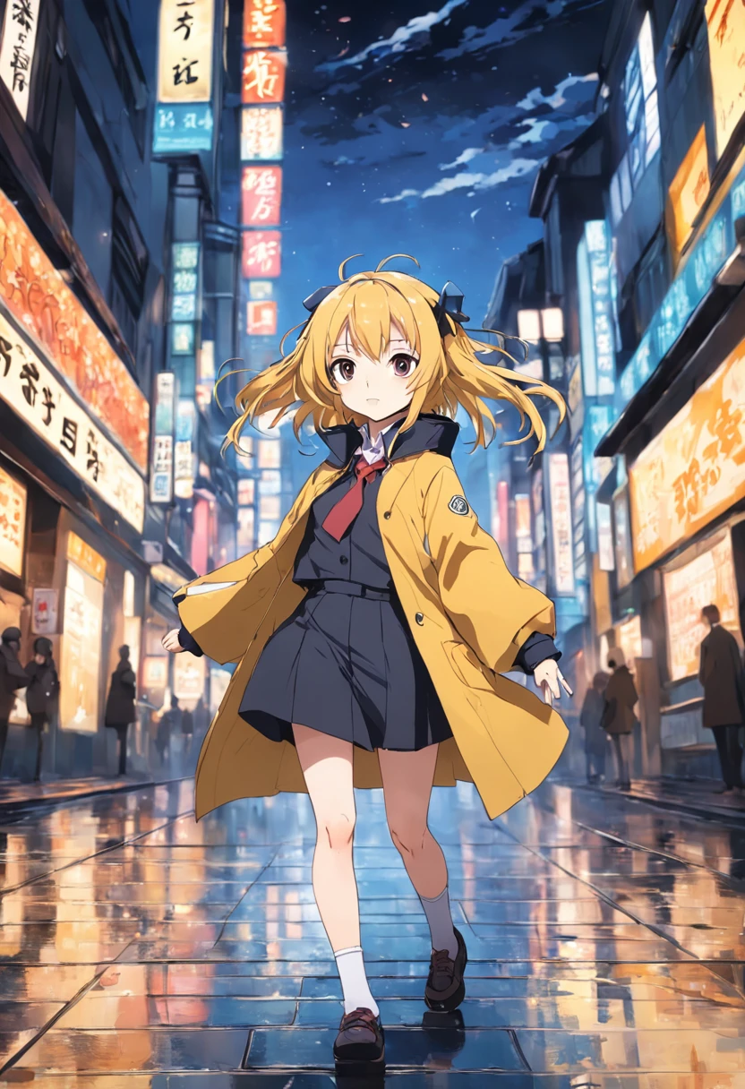 A girl in a yellow coat and black pants holds a piece of paper, anime moe art style, hanayamata, anime visual of a cute girl, intricate anime girl k-on kyoani, anime peripheral, anime best girl, style of anime》, author：Hosomura Kane, iwakura lain, 2 d anime style, the anime girl is running