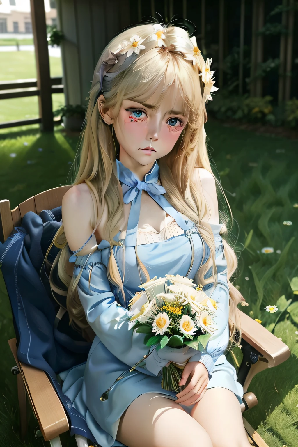 She has big blue eyes,She is innocent and cute,But there were always tears in his eyes,The expression was melancholy。Her long, silky blonde hair shone in the sunlight,He also wears a red bow on the back of his head。She sat on the grass,Loosely holding a small bouquet of daisies