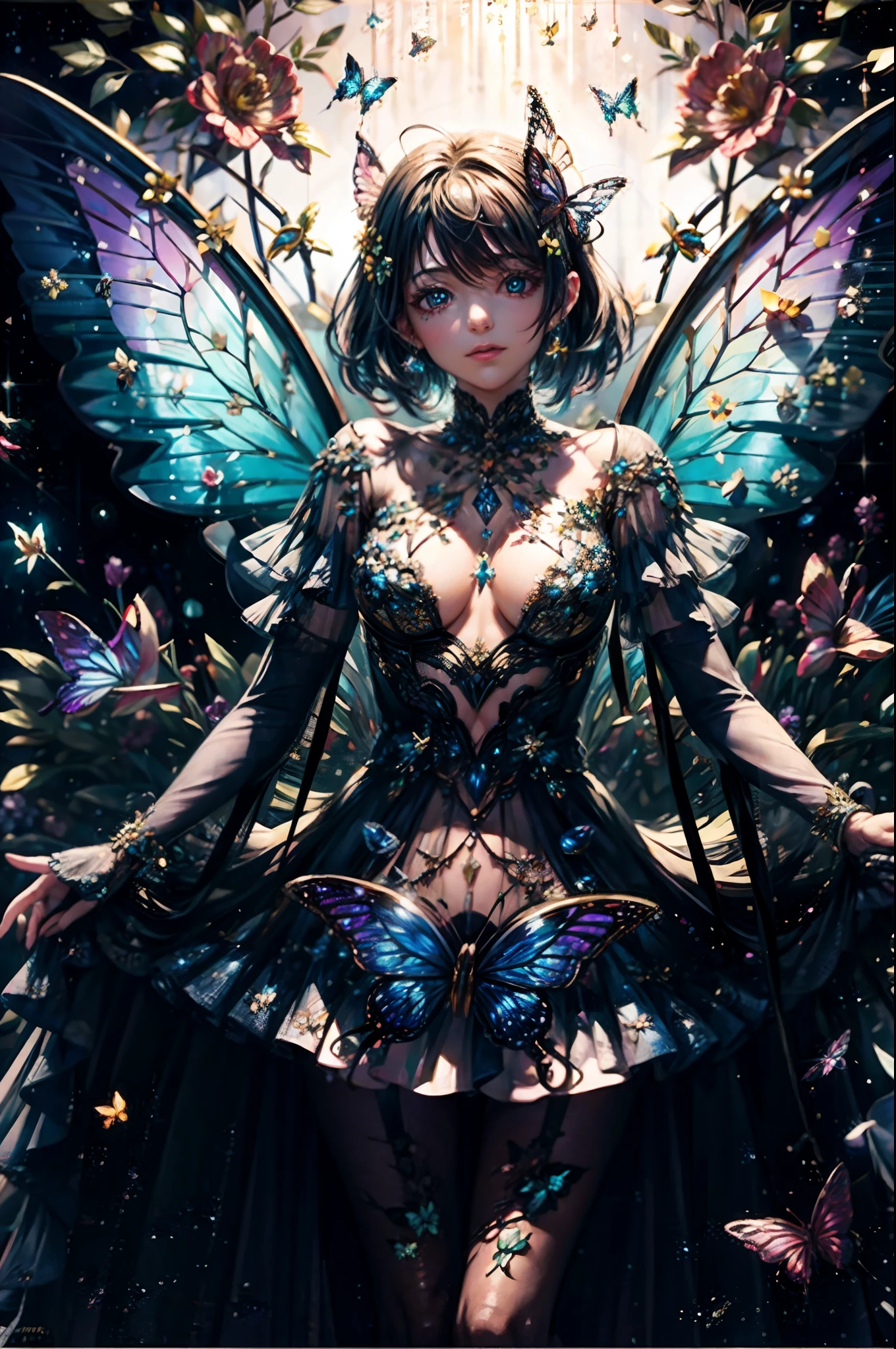Close up,Flower crystal fairy,she has 2 shiny butterfly wings, surrounded by lots of crystal flower,crystal blossom flower, crystal petal
fantasy, galaxy, transparent,(under the starry night),
shimmering, sparkling, splendid, colorful,
magical photography, dramatic lighting, photo realism, ultra-detailed, 4k, High-resolution