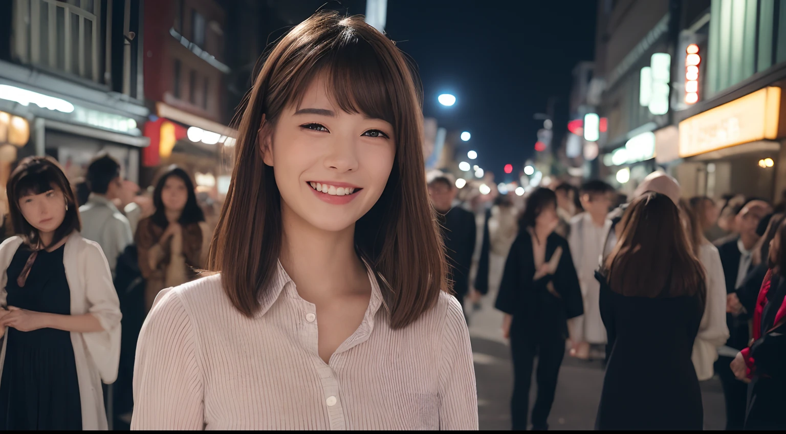 ((top-quality、8K、masterpiece:1.3))、(1girl in)、A smile、full body Esbian,Slim Faces、Pretty women、(dark brown hair)、Full-length dresses:1.1、hyperdetailed face、A detailed eye、二重まぶた、blured background、Slim Faces、城市、takeout、a street、japanes