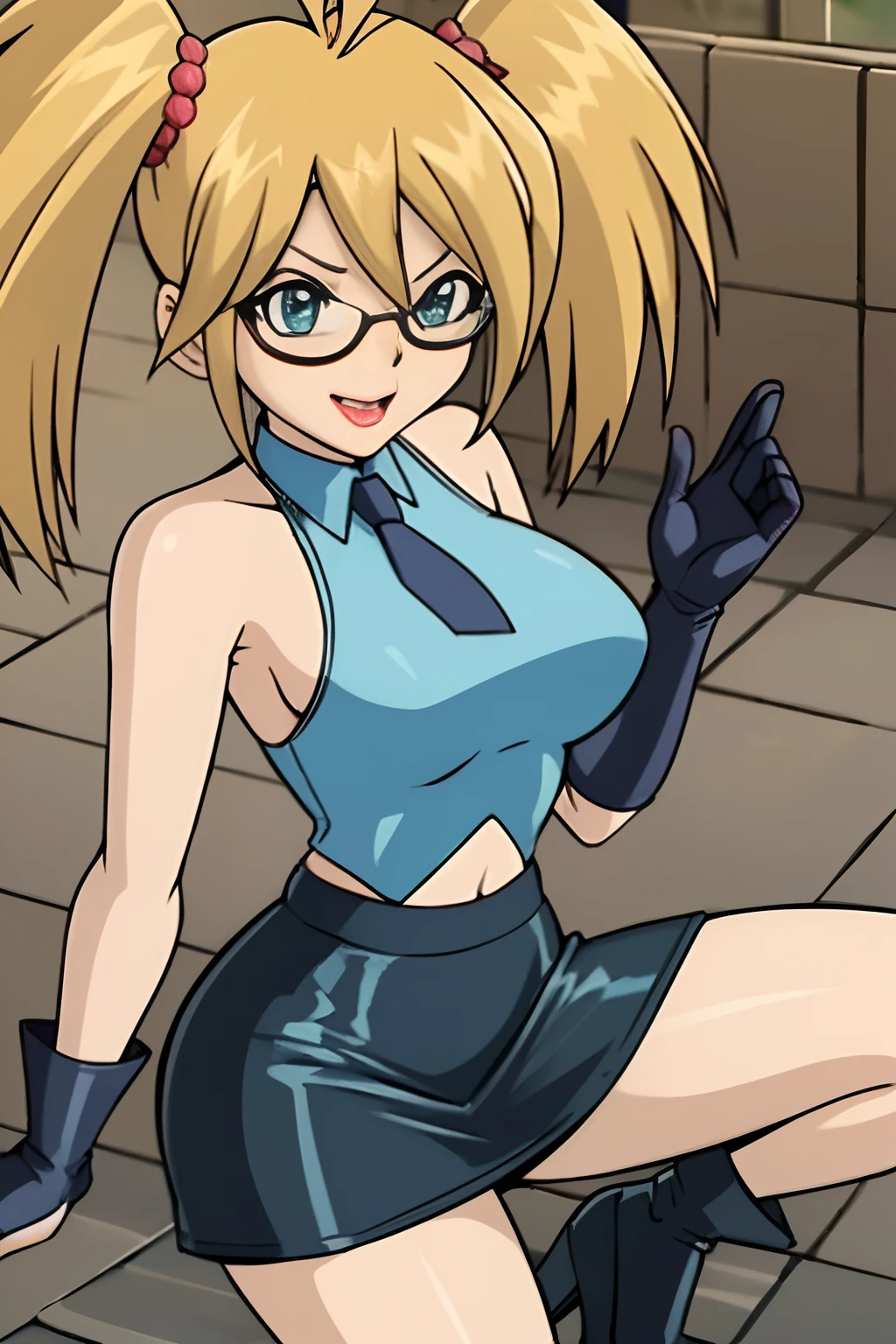 Masterpiece, Best Quality, Ultra Detailed), 1 girl, Rebecca Hopkins, blonde hair, twin tails, glasses, big boobs, mini microskirt, thong, black leather skirt, mid-length pants, high heel platform shoes, glove black opeda, sleeveless white shirt with a neckline knot at the neckline, plunging neckline,  smile, face in love