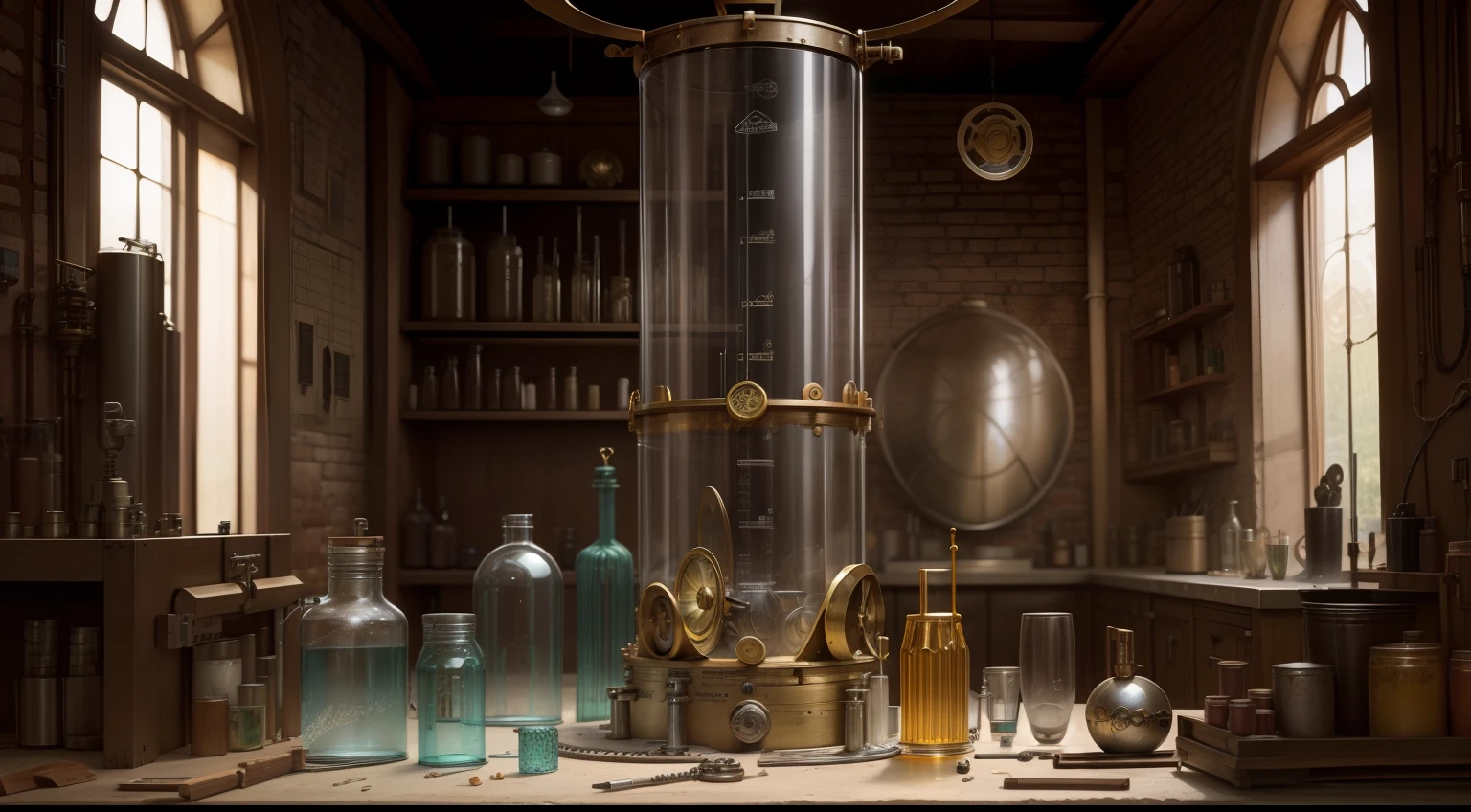 Alchemy Observatory,Ancient alien technology,Background of various complex winding glass test tube beaker mystery instruments,The old shell is broken,(makina,Precision instruments)
