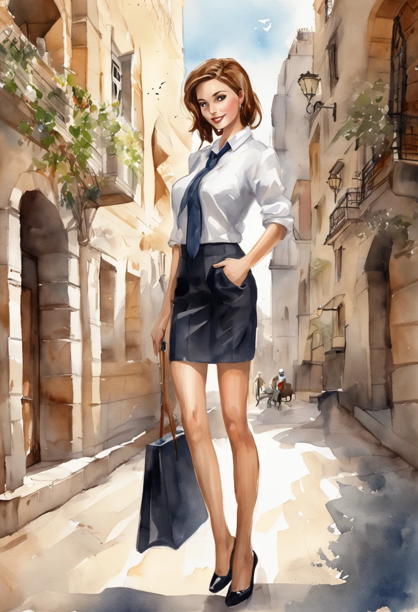 (8k, best quality, masterpiece:1.2), (realistic, photo-realistic:1.37), ultra-detailed, 1 girl, full body, outdoors, (adjusting hair:1.5) office lady, black officeblazer, officeskirt, (pantyhose:1.2), (short buttoneddownshirt:1.2), buttonedupcollarprim, buttoneddowncollarprim, bra, (pantyhose:1.2), alphalayers, highheels, beautiful earrings, cute, solo, beautiful detailed sky, (smile:1.15), (closed mouth), small breasts, beautiful detailed eyes, business attire, (short hair:1.2), floating hair NovaFrogStyle,