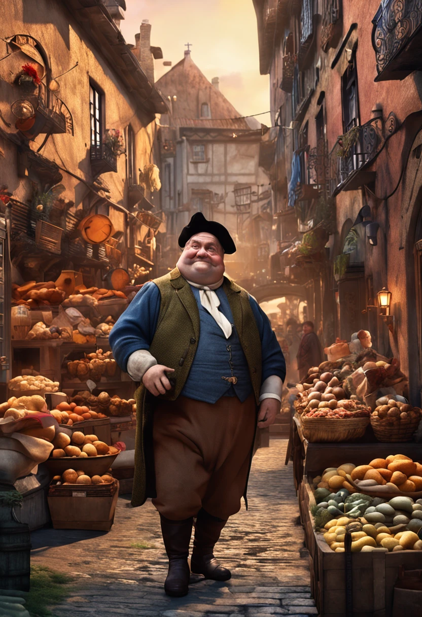 Cheerful, Portly Merchant in a Cityscape