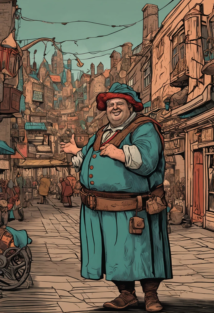 Cheerful, Portly Merchant in a Cityscape