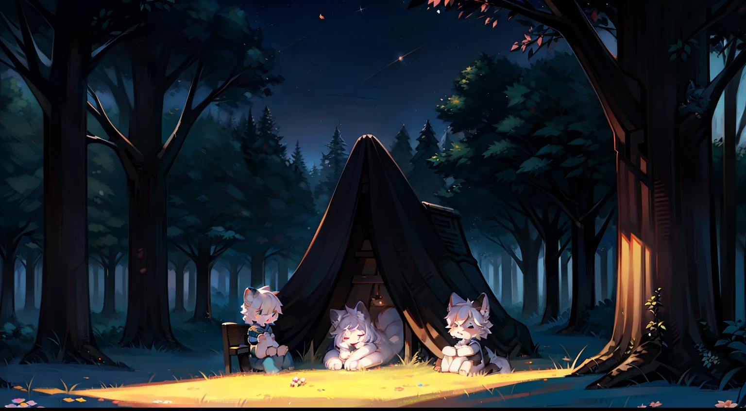 Furry mascot,Lovely image,A black cat,Paw pads, Cute little animal fluffy,Furry Fur,Cute little animals,Fluffy tail,White hair,Sitting alone under a tree,leaning against the tree trunk,On the lawn of the park,Cubs,is in night,nigh sky, stars,Close-up of cute characters,eye closeds,sleepy,Stretch out,