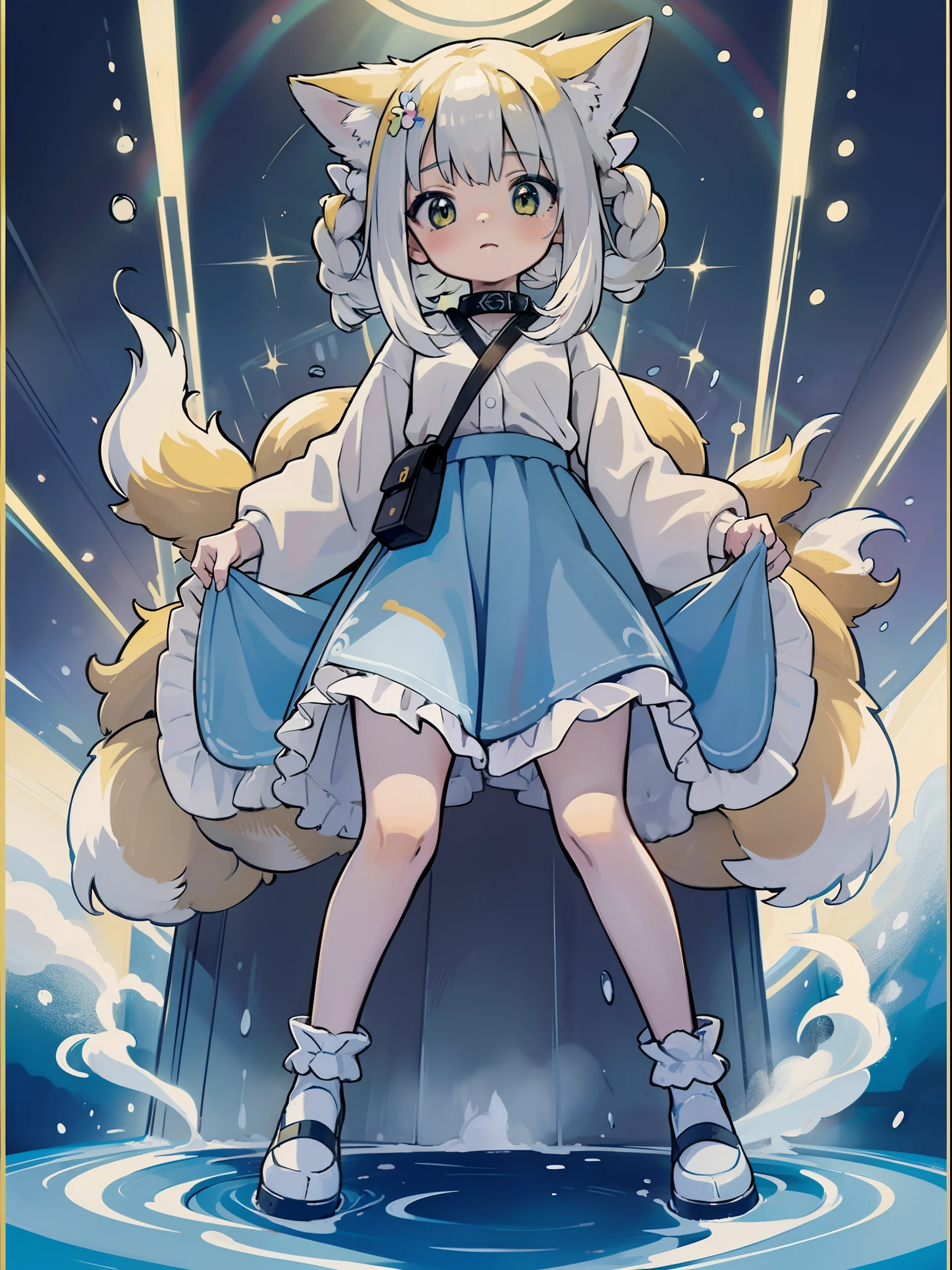 1girl in,There's a cat next to you（（Bring a Cat 1.2））、A pokémon_The card,(top-quality), (high_quality), (Convoluted_Details), (ultra-detailliert), (illustratio), (Distinct_image),saito_naoki,fight、White hair（（rainbow-colored hair））、Yumekawa