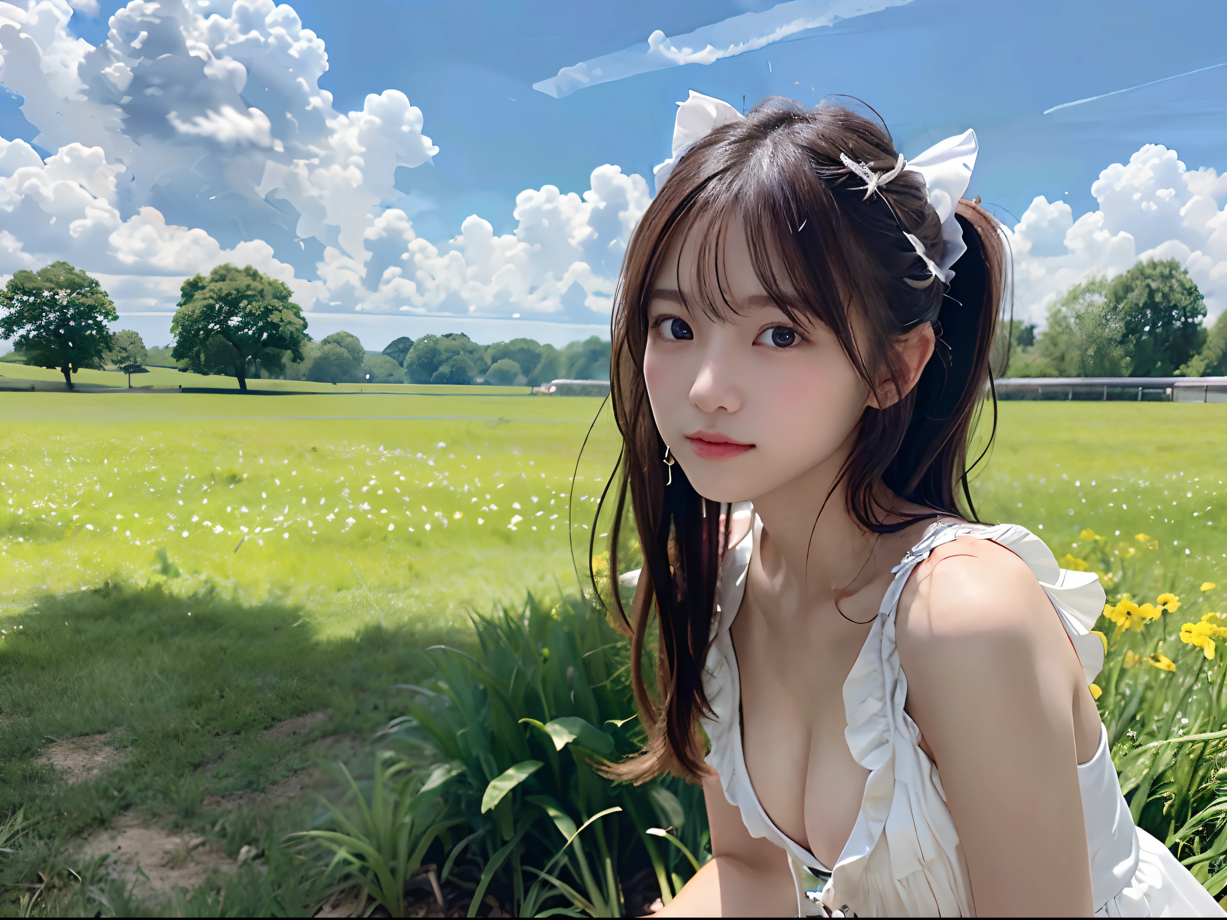 (Close-up portrait of one girl with slender small breasts with twin-tailed hair in white ruffled dress:1.5)、(A girl finger to mouth and turning to looking camera from back:1.3)、(Green meadow with blue sky and white clouds floating :1.3)、(Perfect anatomy:1.3)、(complete hands:1.3)、(complete fingers:1.3)、Photorealsitic、Raw photography、Masterpiece、Top-quality、Hi-Resolution、delicate and pretty、face perfect、Beautiful detailed eyes、Fair skin、Real Human Skin、pores、((thin legs))、(Dark hair)