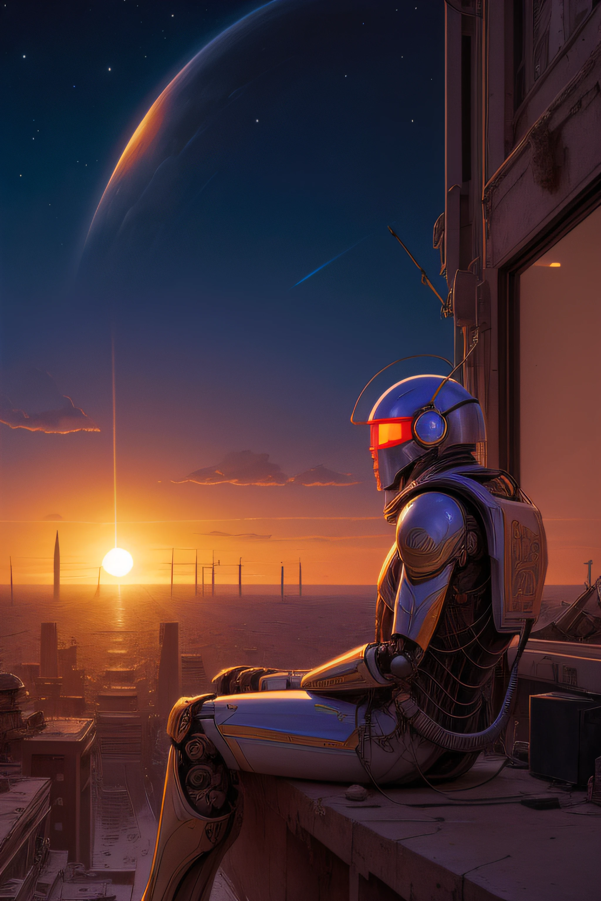 A robot sitting watching the sun set over a dead city, by moebius, masterpiece, best quality, intricate, highly detailed:1.1, drawing, Jean Giraud