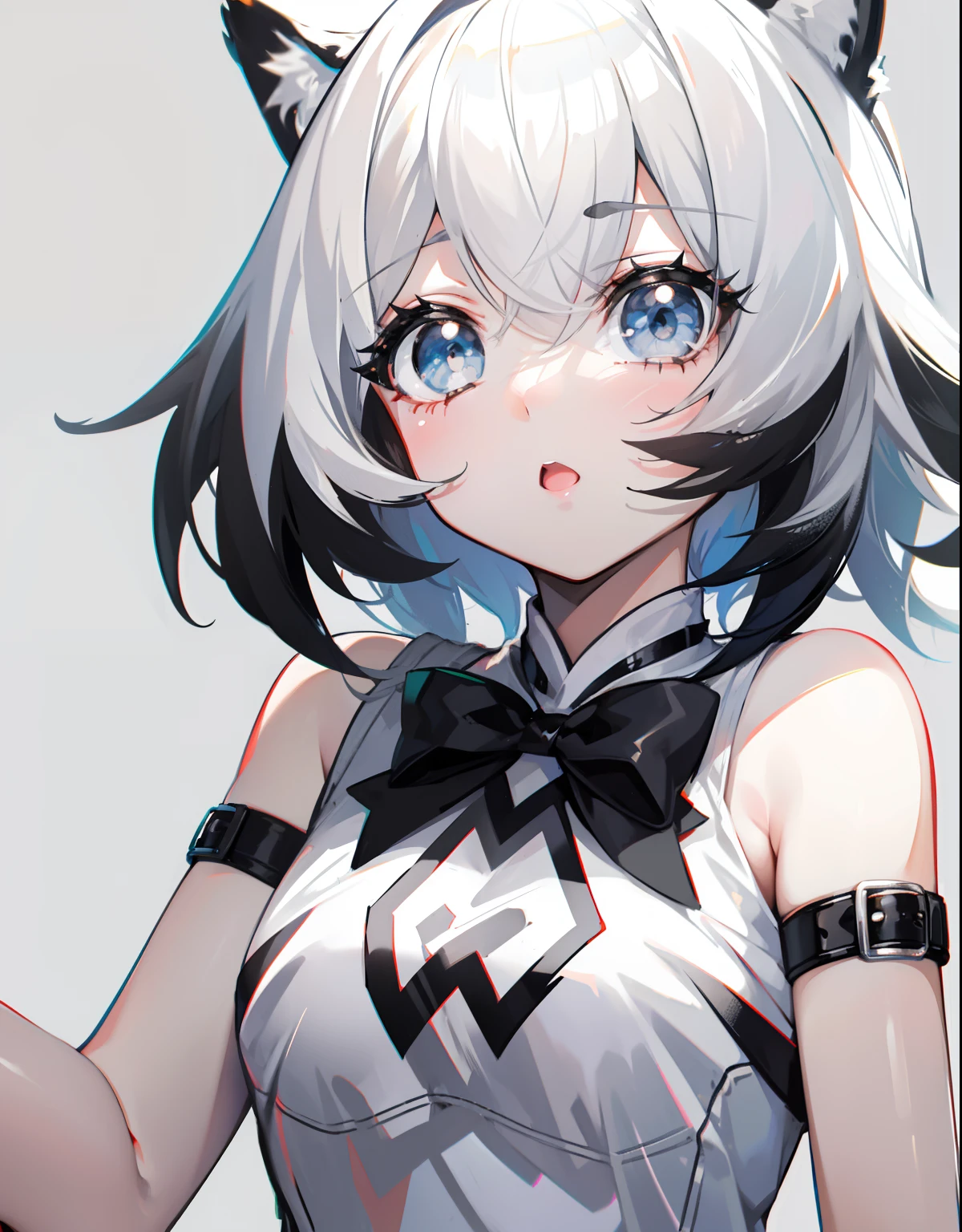 Short black and white hair,The cute girl looks like a milky girl,white clothes,Cute,Black and white tiger ears
