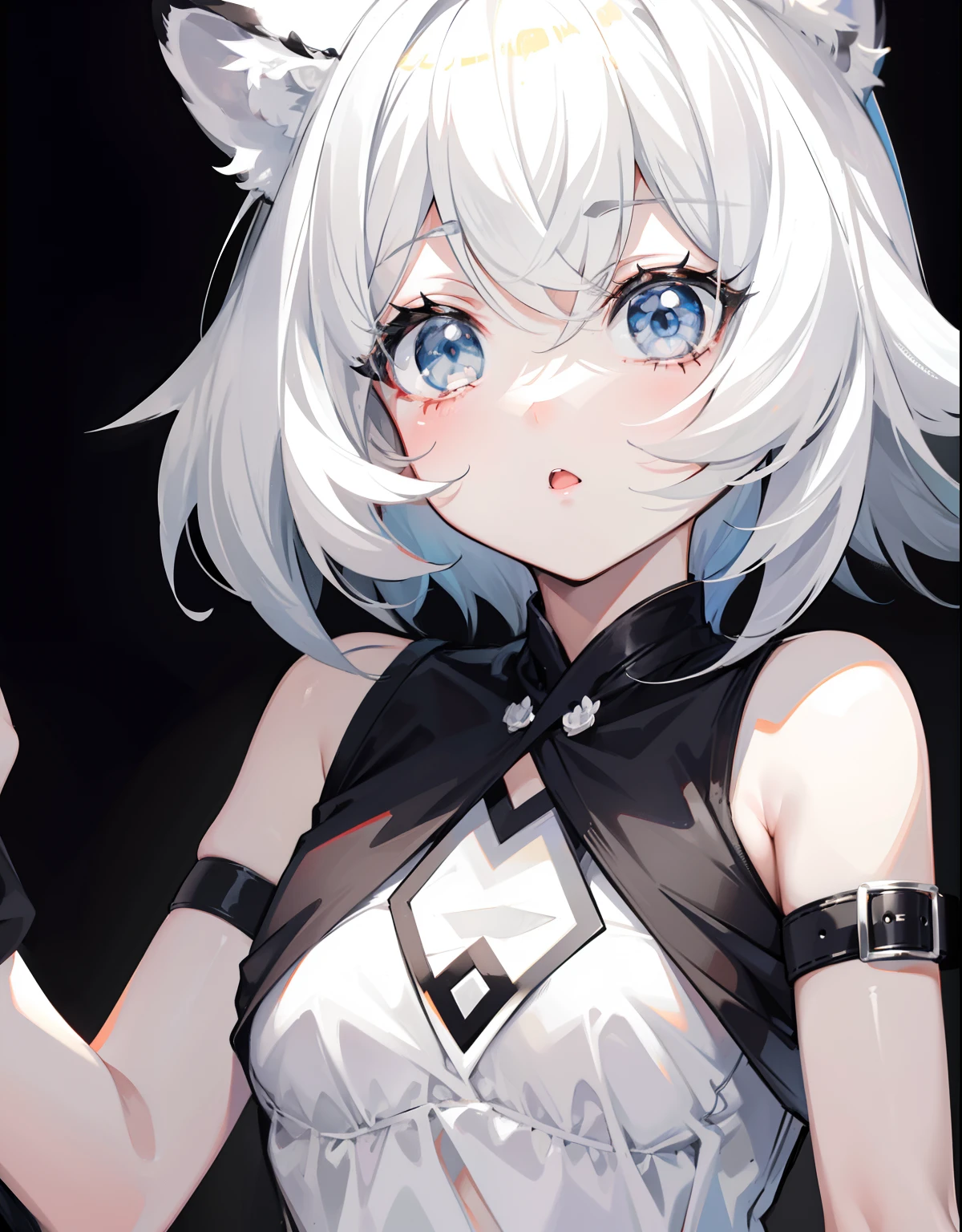 Short black and white hair，The cute girl looks like a milky girl，white  clothes，Cute，Black and white tiger ears