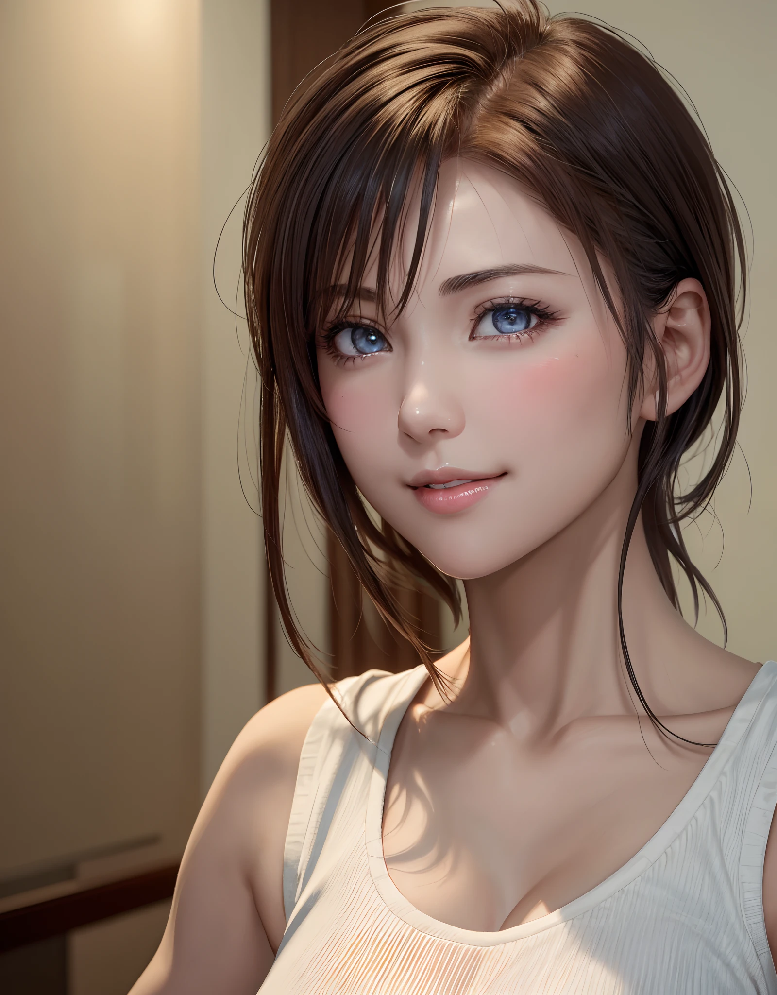 Top quality, ultra high resolution, (photorealistic: 1.4), beautiful eyes, super beautiful, short hair, beautiful breasts, lover, t-shirt with rough chest, eyes inviting viewer, lover's eyes, inviting facial expressions, sexy smile, perfect style, perfect balance, detailed skin, naughty eyes, chest visible