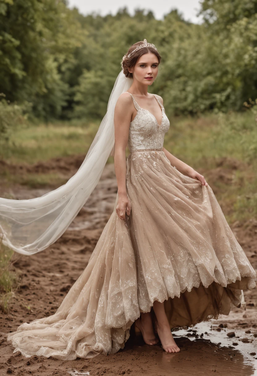 photograph realistic,Elegant European bride in beautiful wedding dress playing in a puddle of dirt, Her veil and skirt were stained with brown mud.