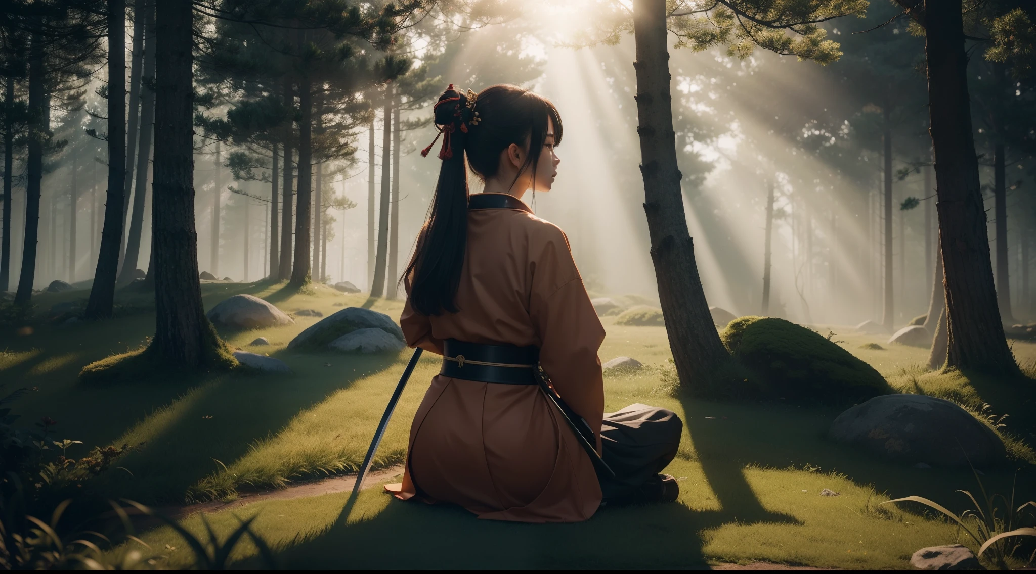 a woman in samurai uniform is sitting in a grassy forest when the sun is touching the horizon, she is looking at the ground in sadness with a katana by her side. We can see her side face. She is looking down at the ground. Specs of dust. cinematic. visual clutter. She has a sword(katana) by her side. The grass is little tall. Depressing mood. Volumetric lighting. God rays. Ray tracing.