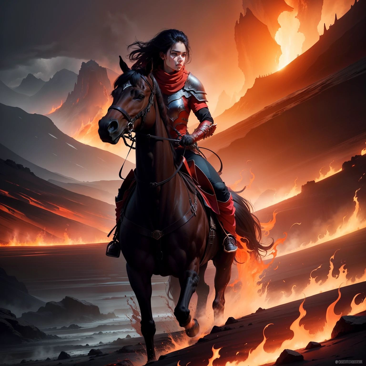 A rider on horseback in a fiery, foreboding kingdom with rivers of lava and volcanic mountains. The deep reds and oranges create a sense of danger and turmoil in this hellish realm.