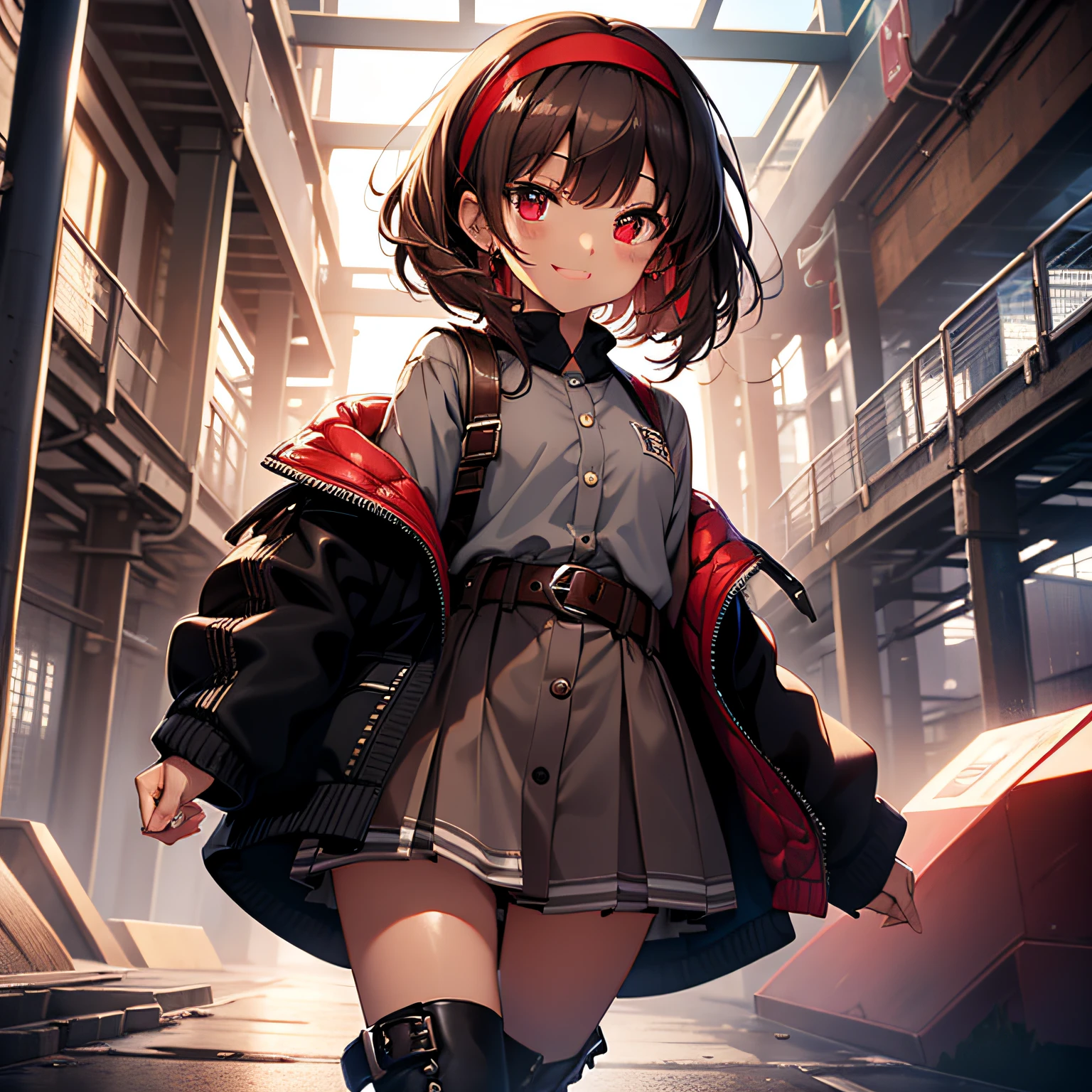 top-quality、extremely delicate and beautiful、(((Only 1 person)))、、(Brown skin)、(Dark hair)、Gray clothes with vertical buttons、Belt at waist、grey miniskirt、((poneyTail))、(red hairband)、(Brown boots)、Red-eyed、a smile、