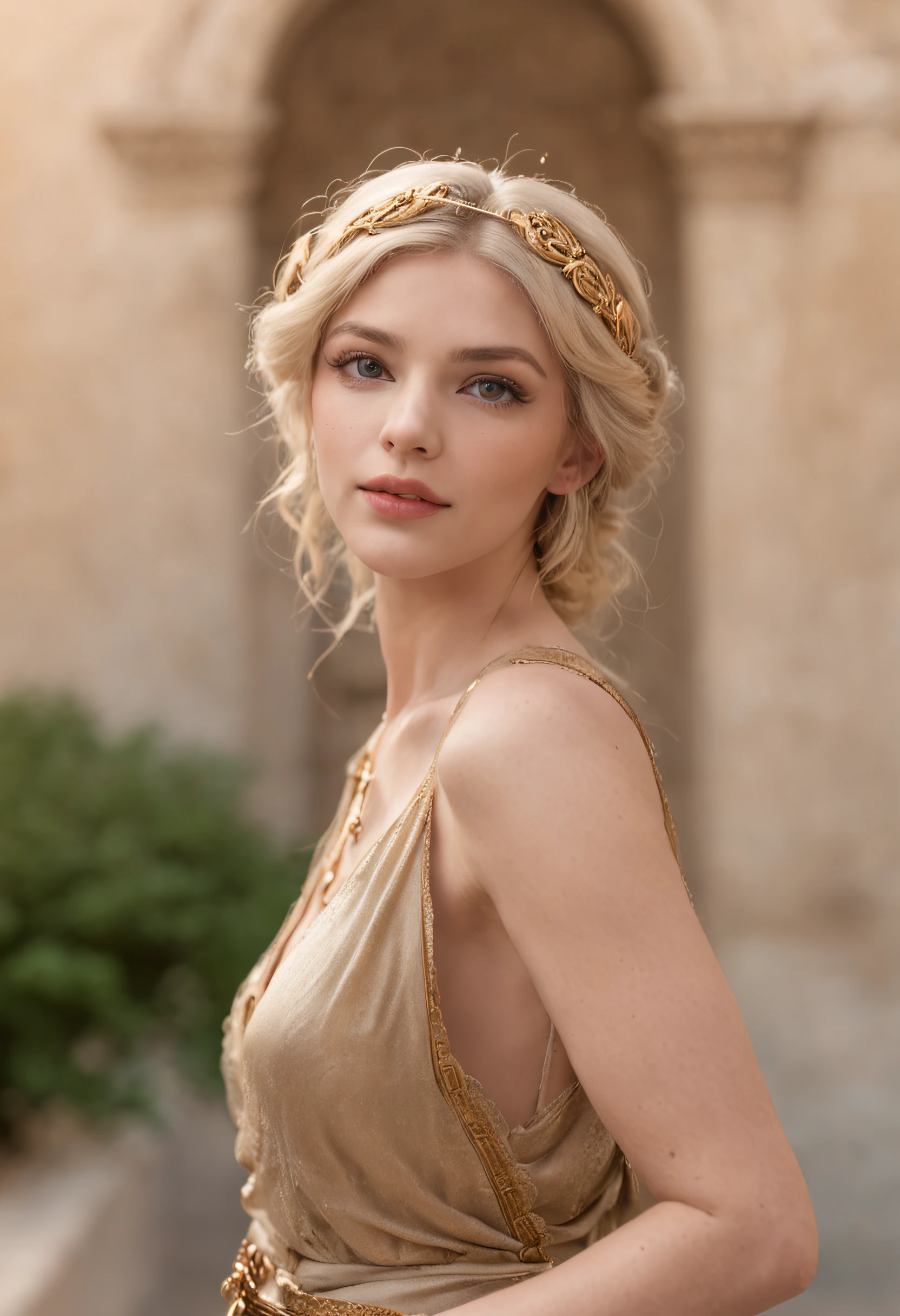 (Best quality, 8k, masterpiece: 1.3), blonde Greek goddesses, Greek clothes, Middle Ages, medium breasts, big hips, slim waist, beautiful, glamorous, alluring, shapely, curvy, long legs, high detail, High sharpness, Photos with depth, detailed face, detailed eyes, short hair, big office, charming smile, standing in the ancient Roman colosseum, epic, myth, drama, neckband jewelry, wristband jewelry, open-breasted blouse