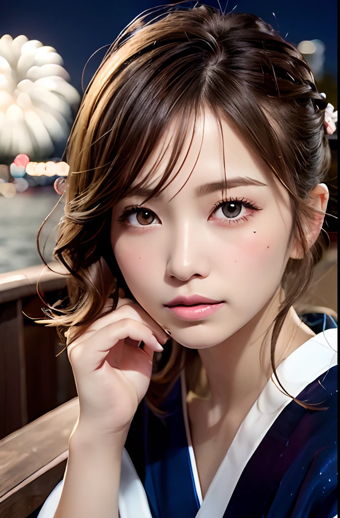 (masutepiece:1.3), High resolution, ultra-detailliert, the Extremely Detailed CG Unity 8K Wallpapers, Realistic, Photorealsitic, Raw photo, beautifull detailed face, pale skin, realistic glistening skin, Detailed Cloth Texture, detailed hair texture, Perfect body, Beautiful face, acurate, Anatomically correct, Highly detailed face and skin texture, Natural neck length, (Beautiful hands), (Fair skin:1.2), thin legs, Thin feet, (Aligned teeth:1.1), Sweaty skin,
BREAK,
Detailed eyes, symmetrical eye, Light brown eyes, Thin eyebrows, (Glossy lips:1.4), (Lonely face:1.1), (blush:1.2), (Small hair accessories that sparkle:1.1),
BREAK,
(classy girl:1.3), (Wearing (Navy blue yukata:1.2) With a white floral pattern),
BREAK,
((Close Up Shot:1.3)),
medium breasts, Slender figure, Firm abs,
((up do hairstyle, Dark blonde hair, Wavy Hair, Long hair, asymmetric bangs:1.2)),
BREAK,
((Stand on the stairs with your hands on your face:1.2)), ((In the night sky behind the terrace by the river、Countless colorful fireworks are being launched:1.1)),