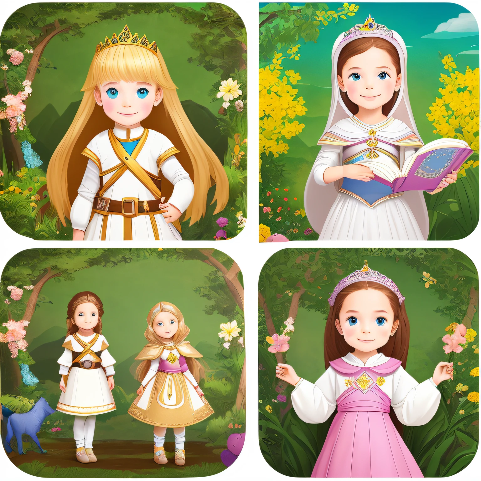 Create a character in several photos on the white background to estori of a children's book of a small princess of 6 years explorer and very cute