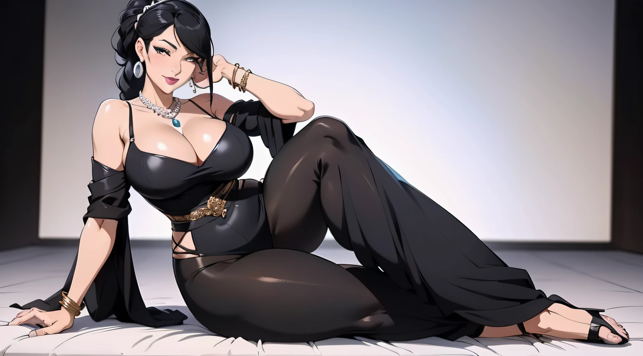The woman is voluptuous and exudes a mature charm. Her slightly plump figure showcases abundant curves that are impossible to ignore. She adorns herself with a pearl necklace, a nose ring, earrings, ankle bracelets, and bold lips, which accentuate her alluring features. Her dark skin radiates confidence and health, adding a touch of mystery to her appearance. She confidently wears high-heeled shoes with crystal heels, showcasing her unique sense of fashion.
Her attire includes intricately designed court clothing, featuring elaborate black and white European court fashion, which enhances her elegance and sophistication. Her graceful posture reflects her self-assuredness as a woman. Her luscious, jet-black hair is styled in a braided ponytail, exuding a playful and vibrant energy.
A beauty mark beneath her eye complements her vibrant makeup, adding a hint of allure to her overall look. With a seductive smile, she captivates those around her. The artwork is a masterpiece, characterized by its accuracy, high level of detail, and quality. Its high resolution allows viewers to appreciate every intricate element, showcasing the artist's exceptional skills. The anatomical structure is depicted correctly, resulting in a realistic and lifelike representation.