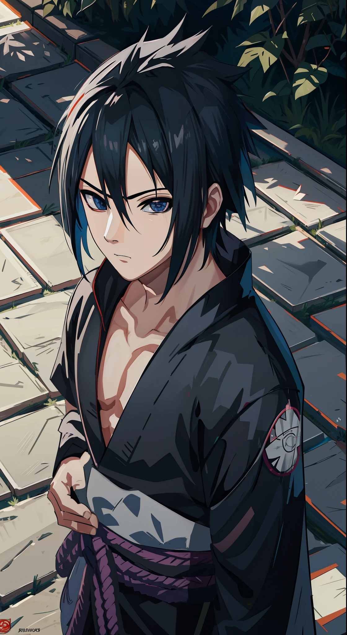 Sasuke Uchiha, na vila da folha, obra-prima, melhor qualidade, ultra qualidade, detalhes absurdos, melhor luz, melhor sombra, clear, sharped image, rosto detalhado, olhos detalhados, cabelo detalhado, detalhado, extremamente detalhado, great resolution, 8k, 4k, uhd, ray tracing Sharinga nos olhos,